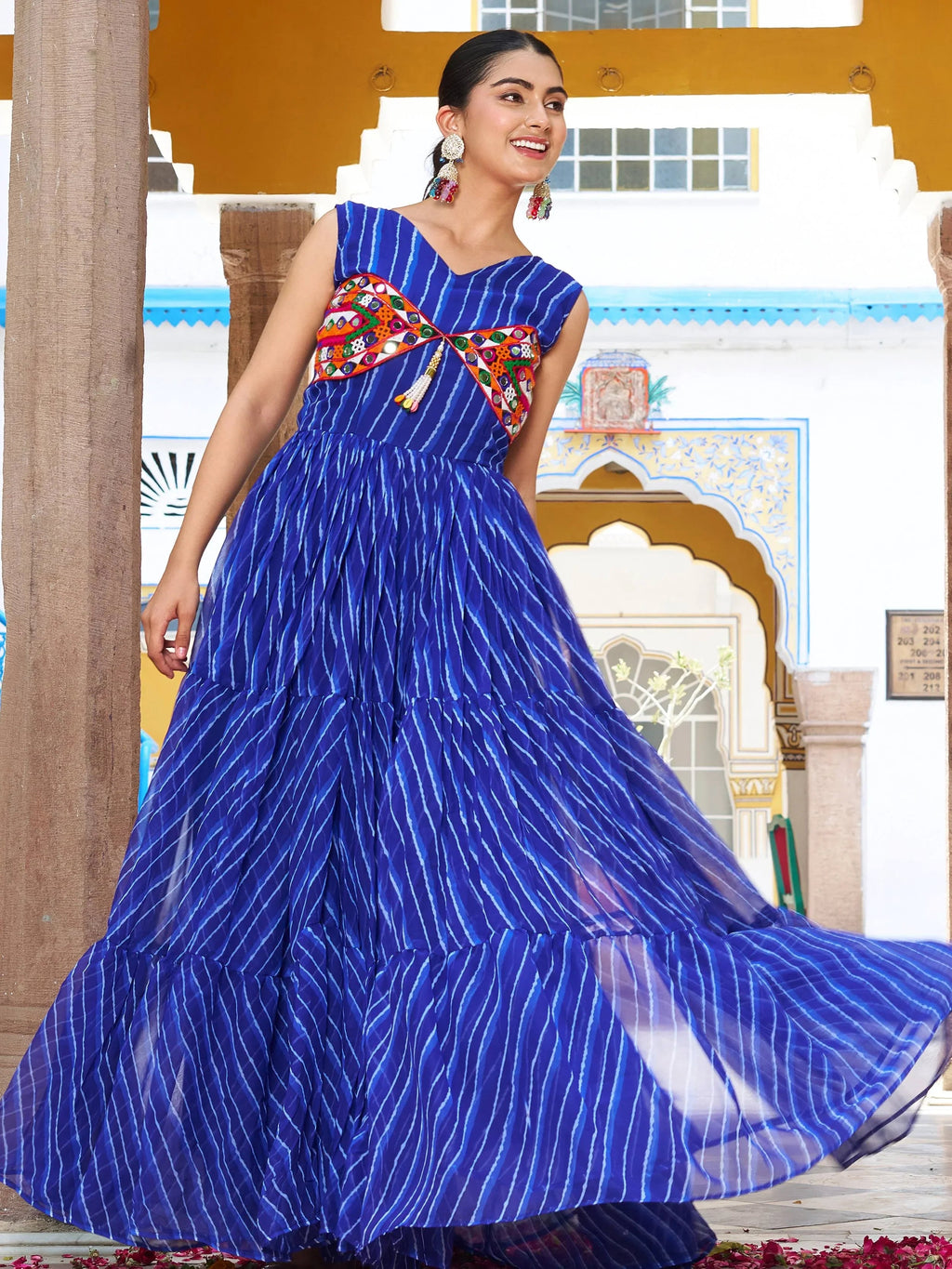 Blue Georgette Bandhani Print Real Mirror Gamthi Work Gown