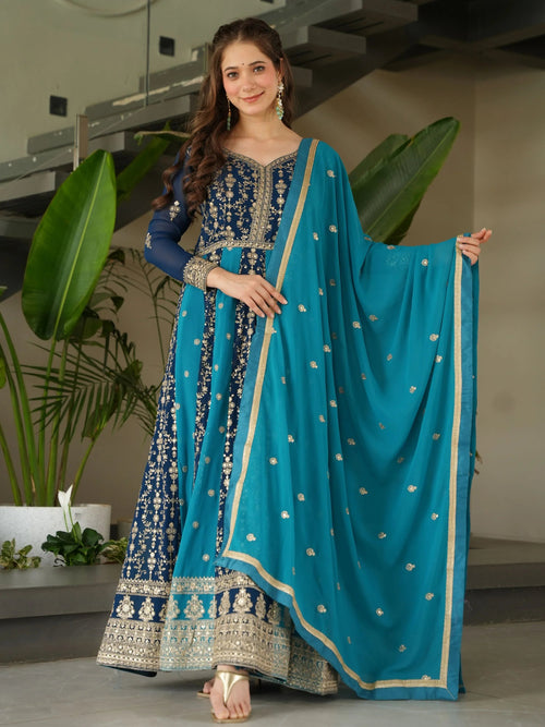 Blue georgette gown with zari and sequins embroidery and dupatta