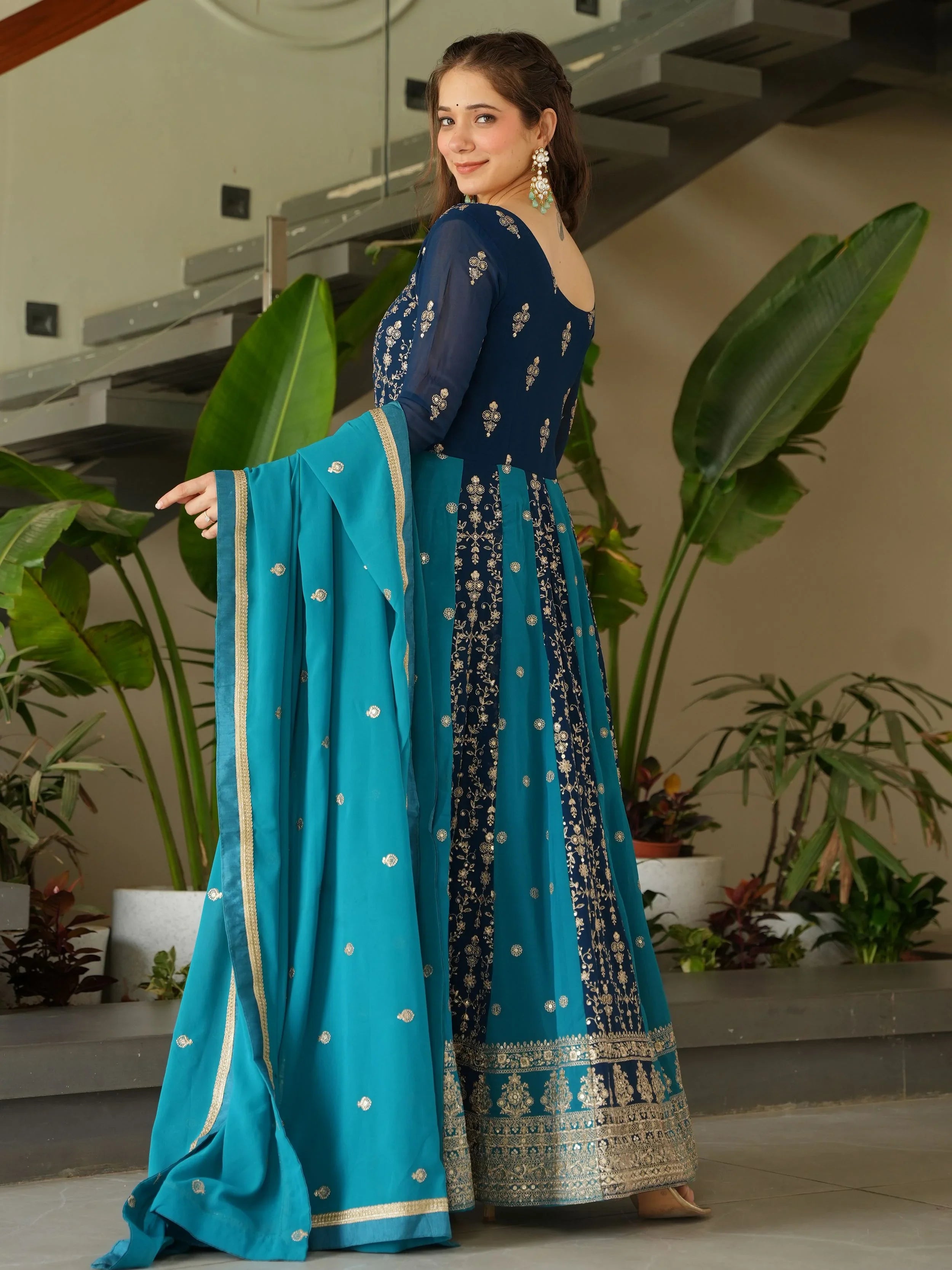 Blue Georgette Zari and Sequins Embroidered Gown with Dupatta