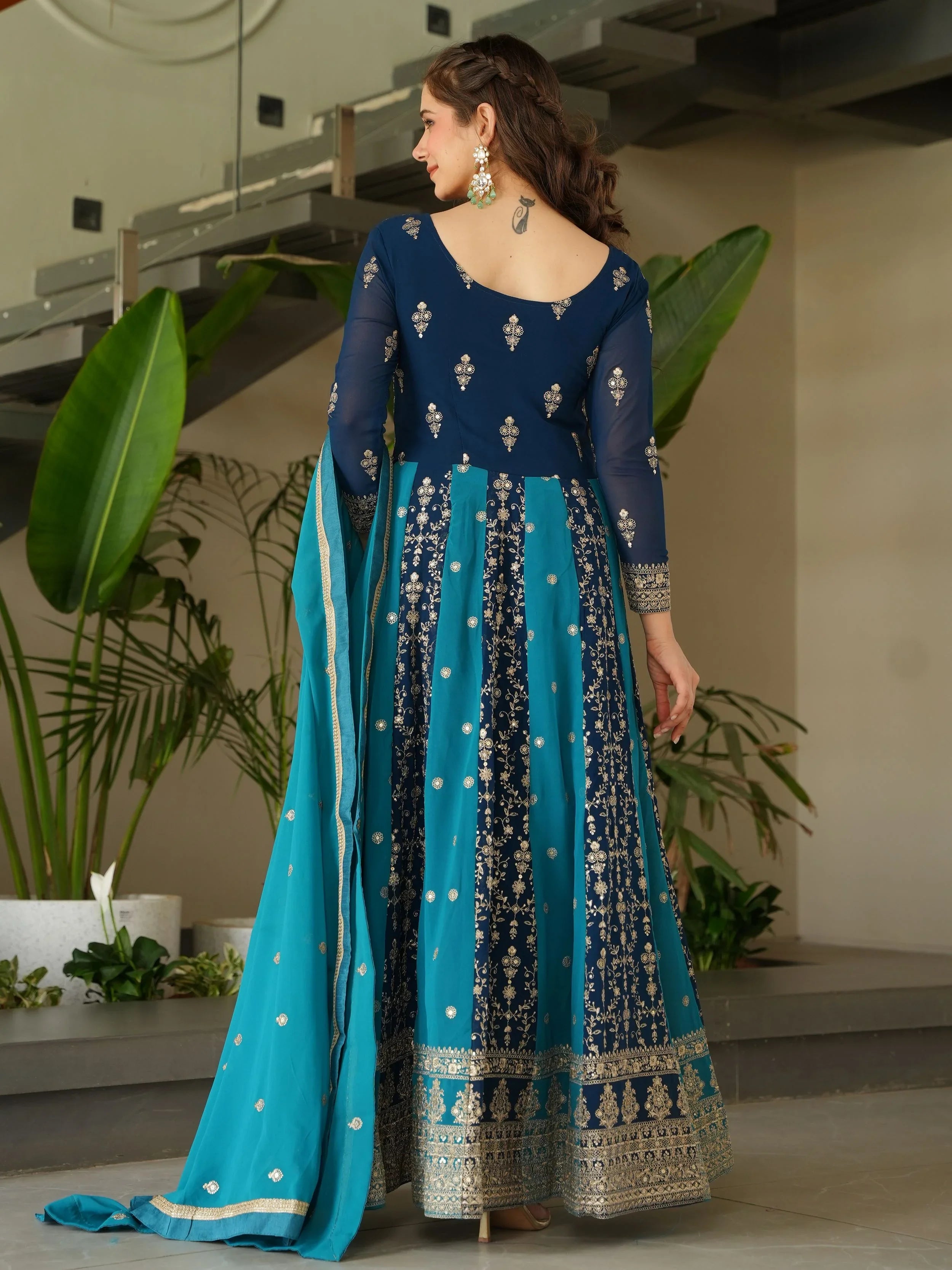 Blue Georgette Zari and Sequins Embroidered Gown with Dupatta