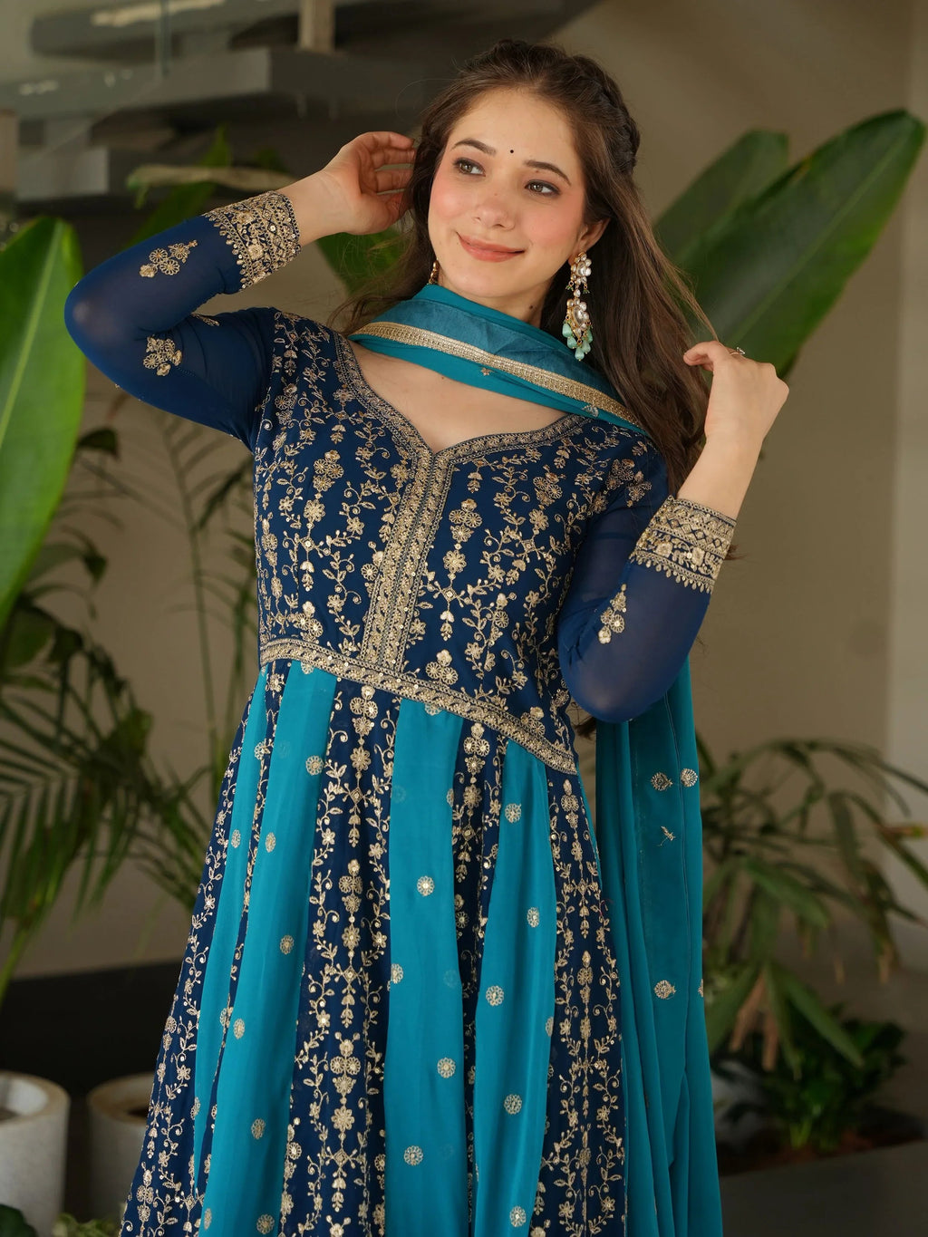 Blue Georgette Zari and Sequins Embroidered Gown with Dupatta
