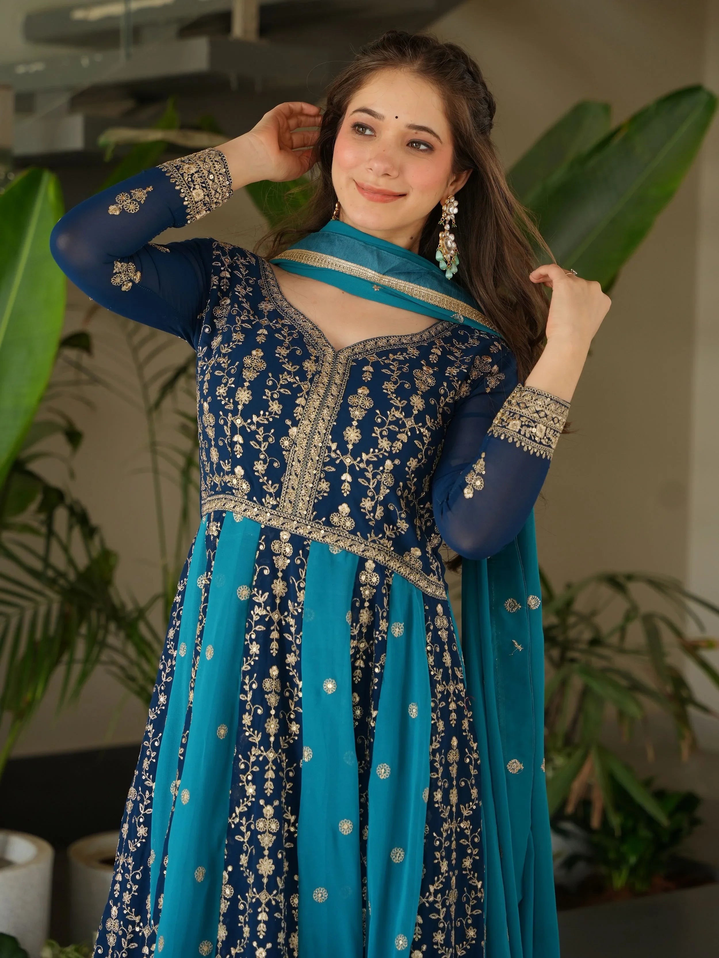 Blue Georgette Zari and Sequins Embroidered Gown with Dupatta
