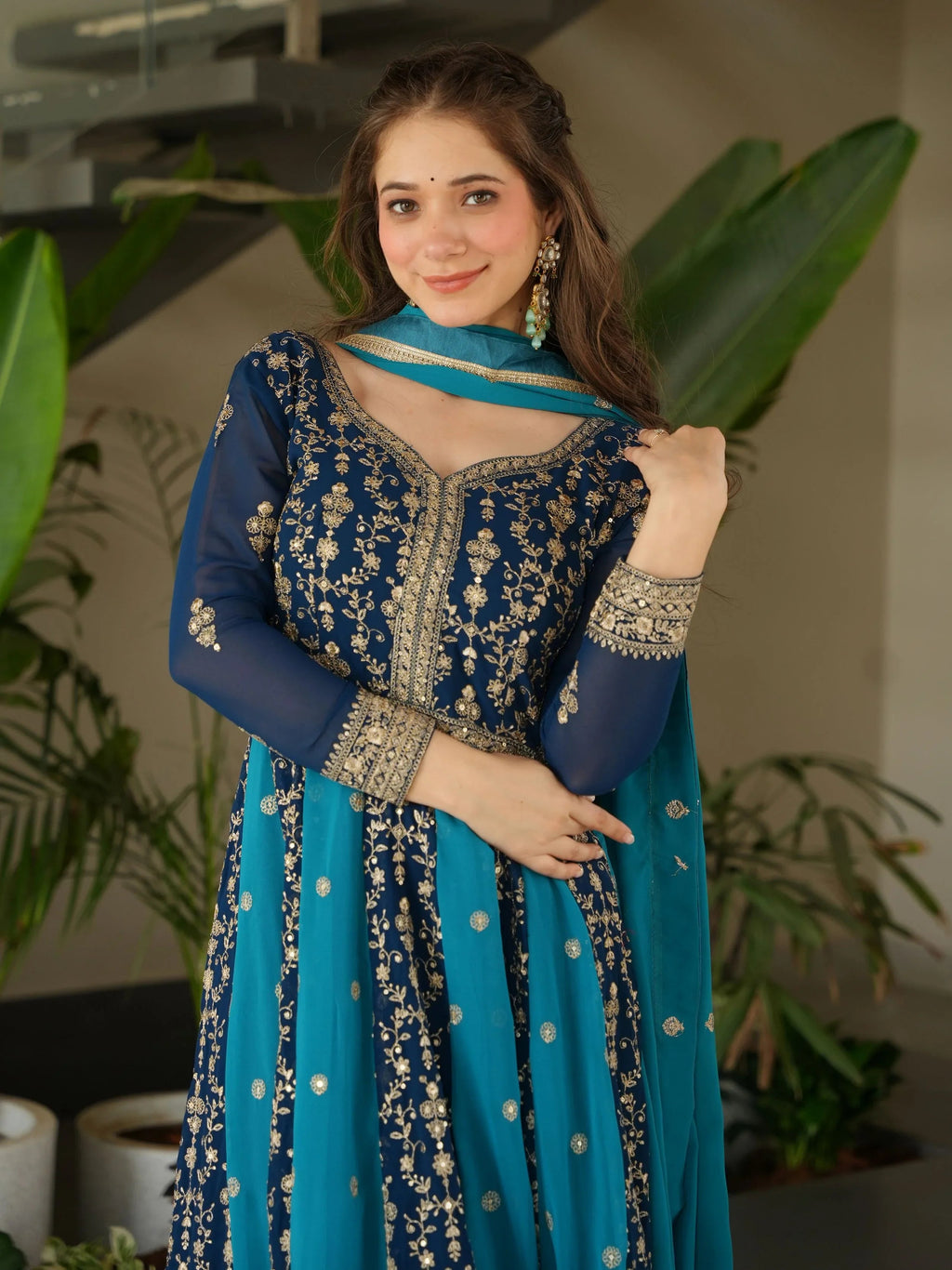 Blue Georgette Zari and Sequins Embroidered Gown with Dupatta
