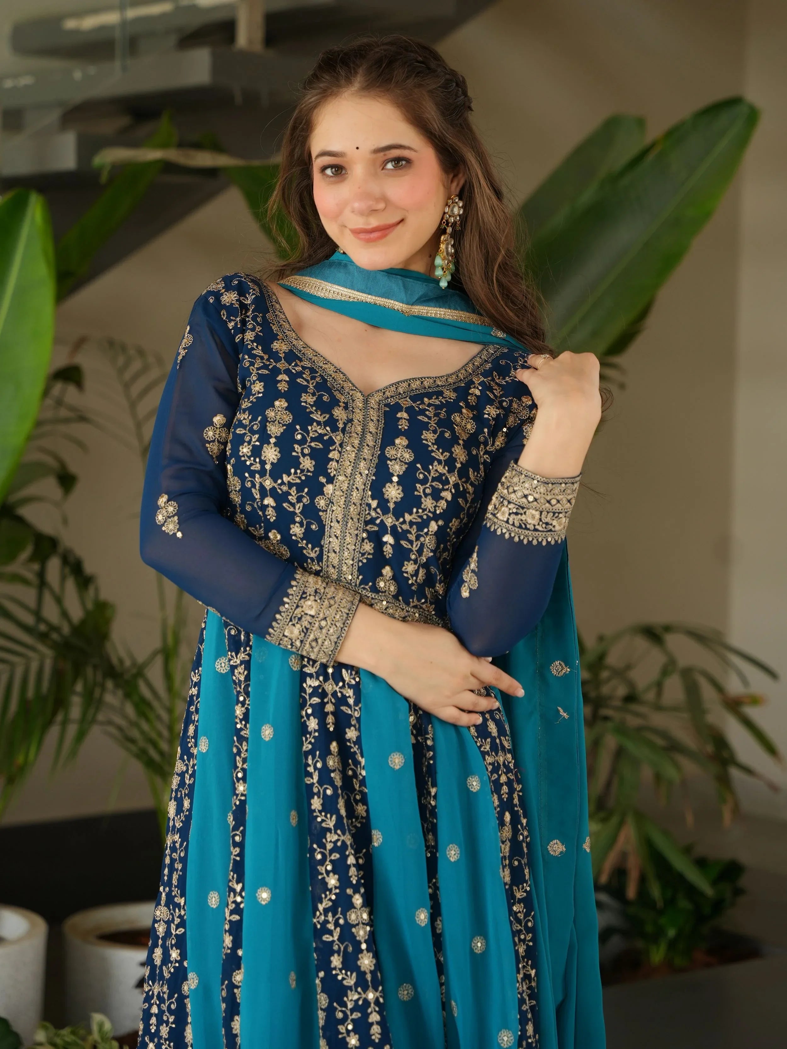Blue Georgette Zari and Sequins Embroidered Gown with Dupatta