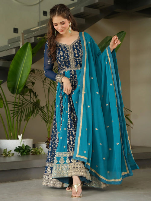 Blue georgette gown with zari and sequins embroidery and dupatta