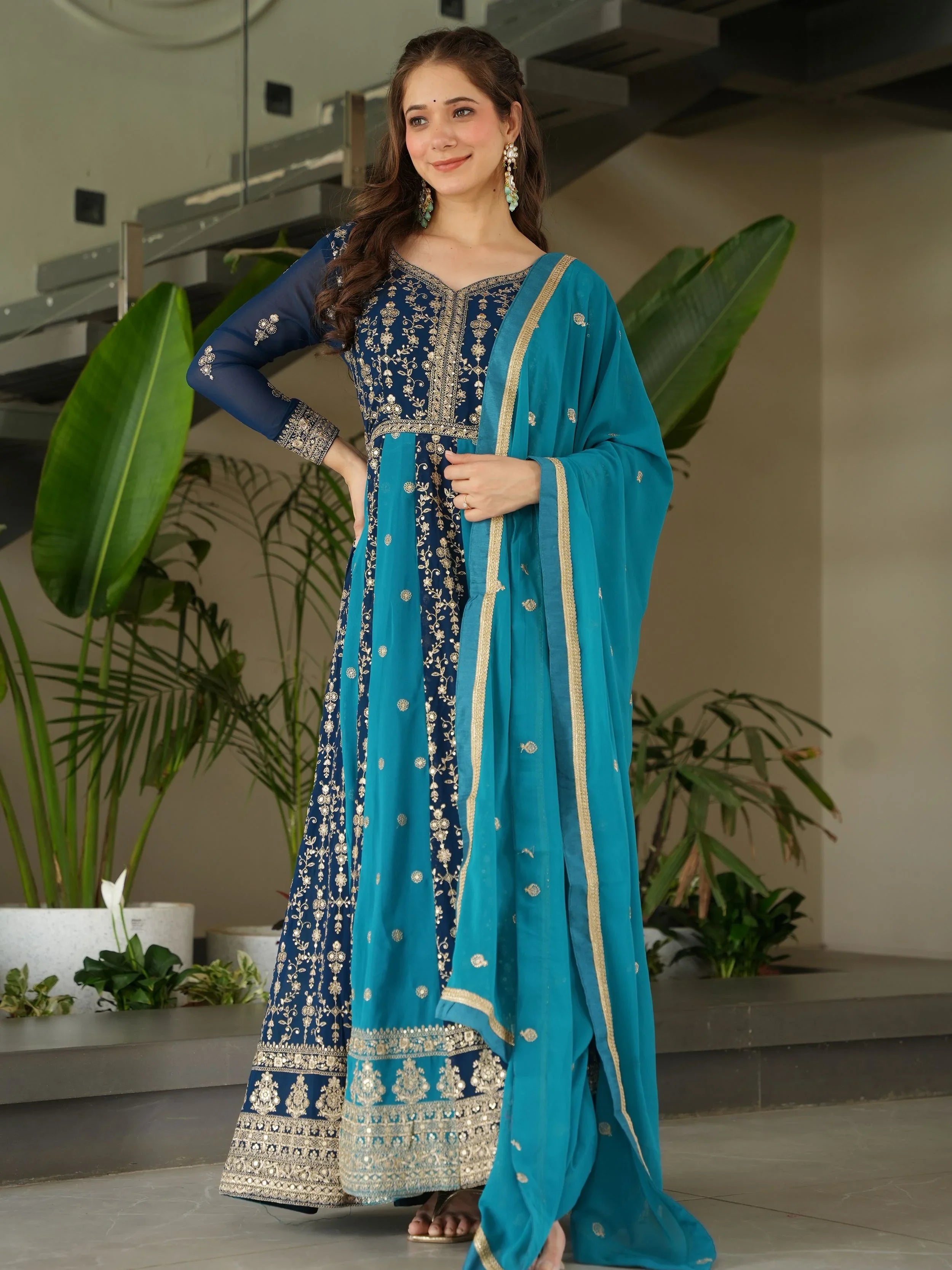 Blue Georgette Zari and Sequins Embroidered Gown with Dupatta