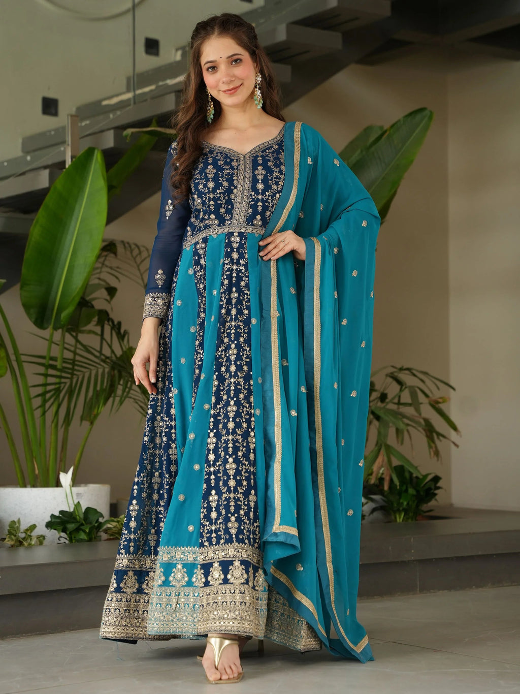 Blue Georgette Zari and Sequins Embroidered Gown with Dupatta