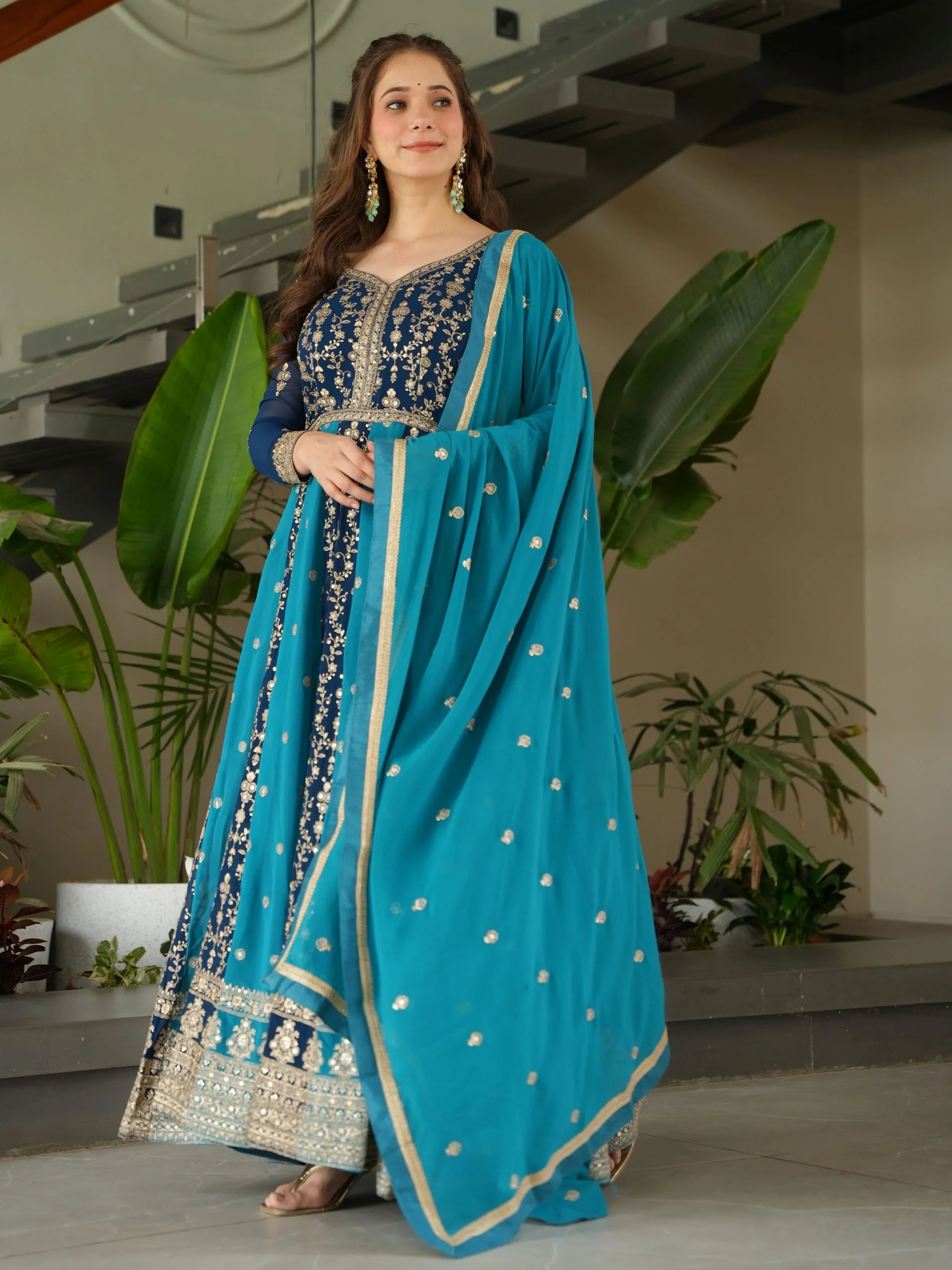 Blue Georgette Zari and Sequins Embroidered Gown with Dupatta