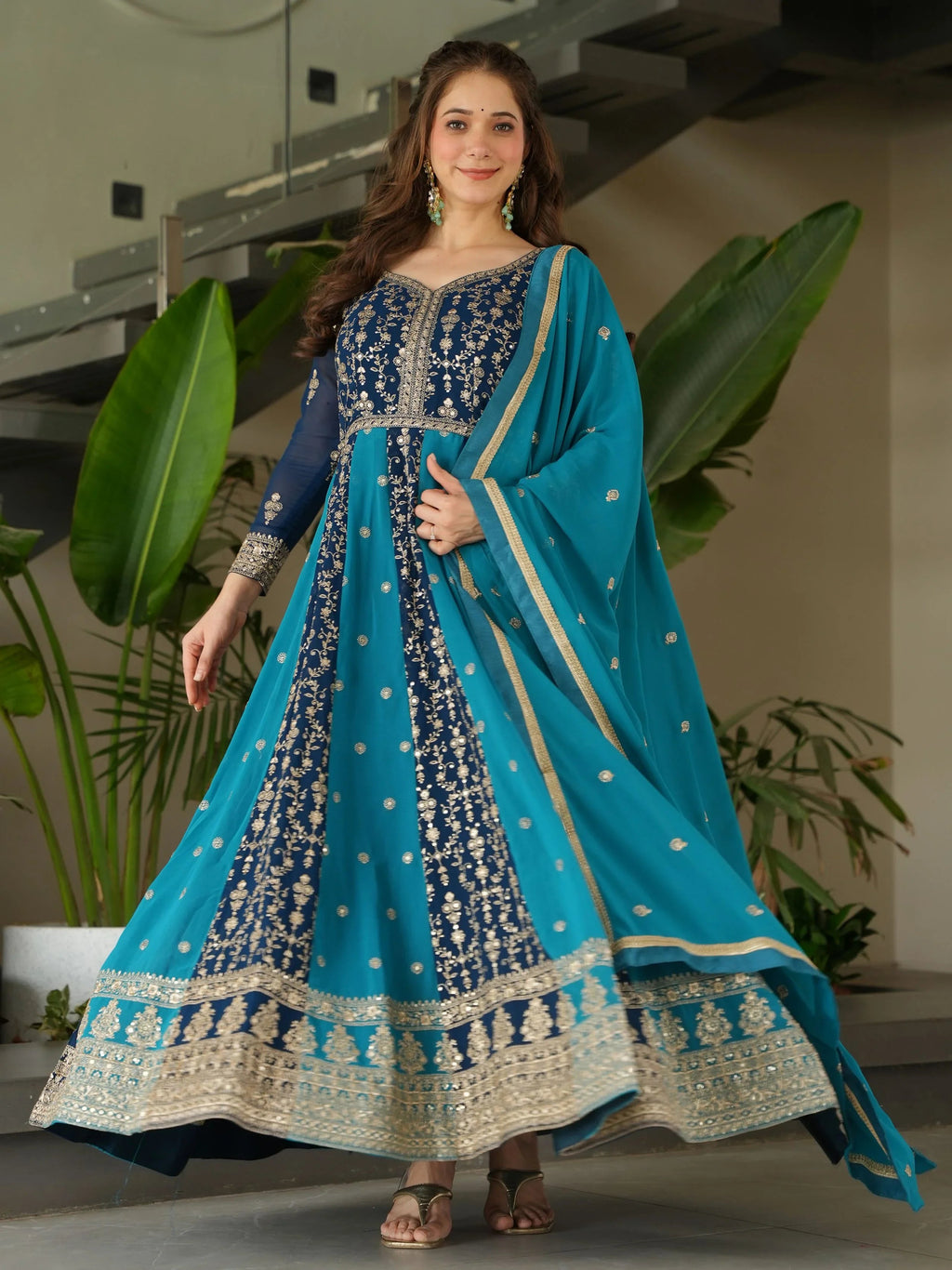Blue Georgette Zari and Sequins Embroidered Gown with Dupatta