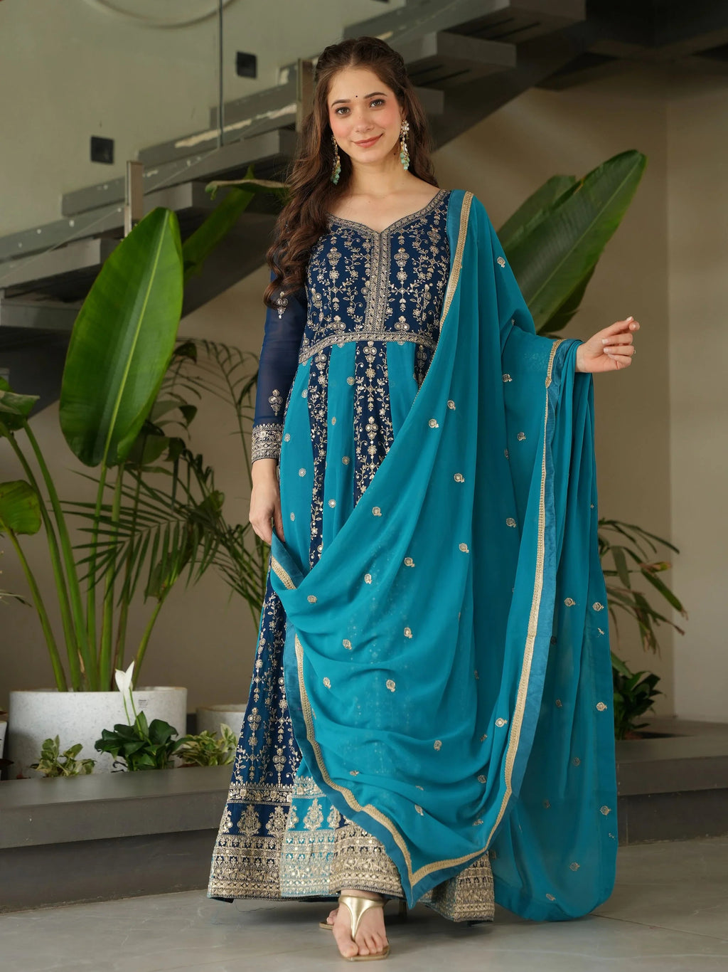 Blue Georgette Zari and Sequins Embroidered Gown with Dupatta