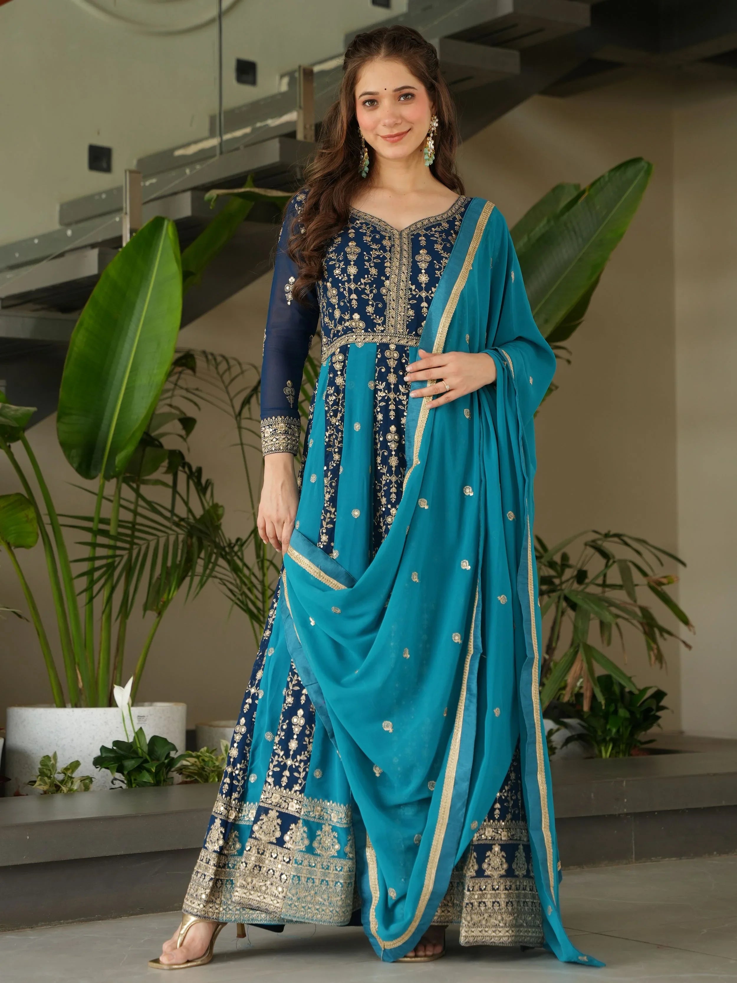 Blue Georgette Zari and Sequins Embroidered Gown with Dupatta