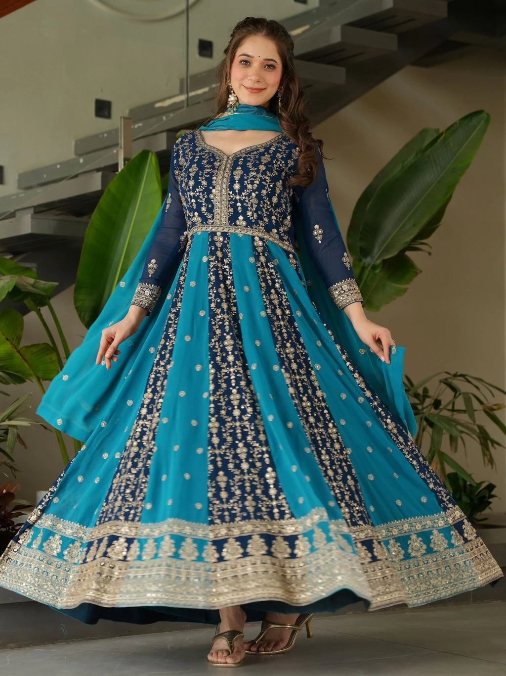 Blue Georgette Zari and Sequins Embroidered Gown with Dupatta