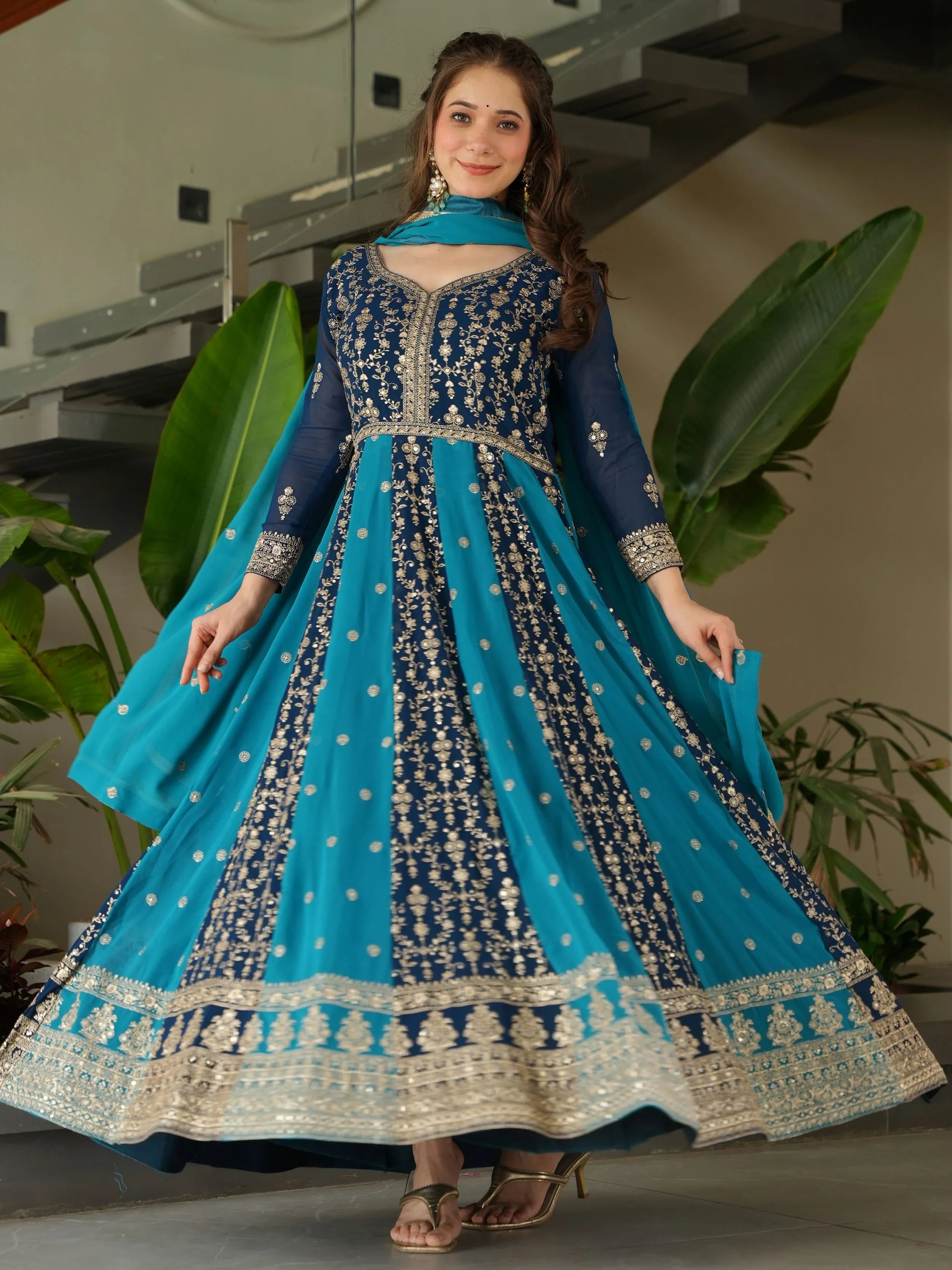 Blue Georgette Zari and Sequins Embroidered Gown with Dupatta