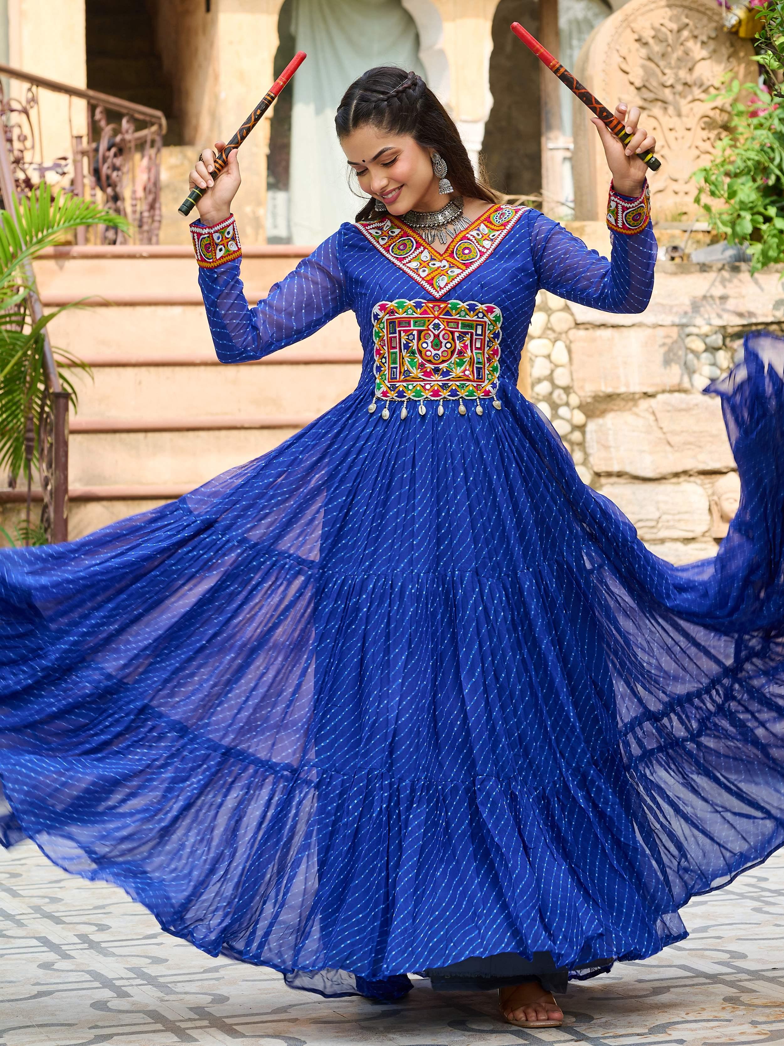 Blue Laheriya Print Georgette Kutchi Patchwork Navratri Gown