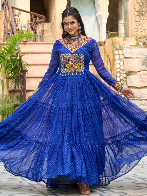 Blue Laheriya print georgette Kutchi patchwork Navratri gown