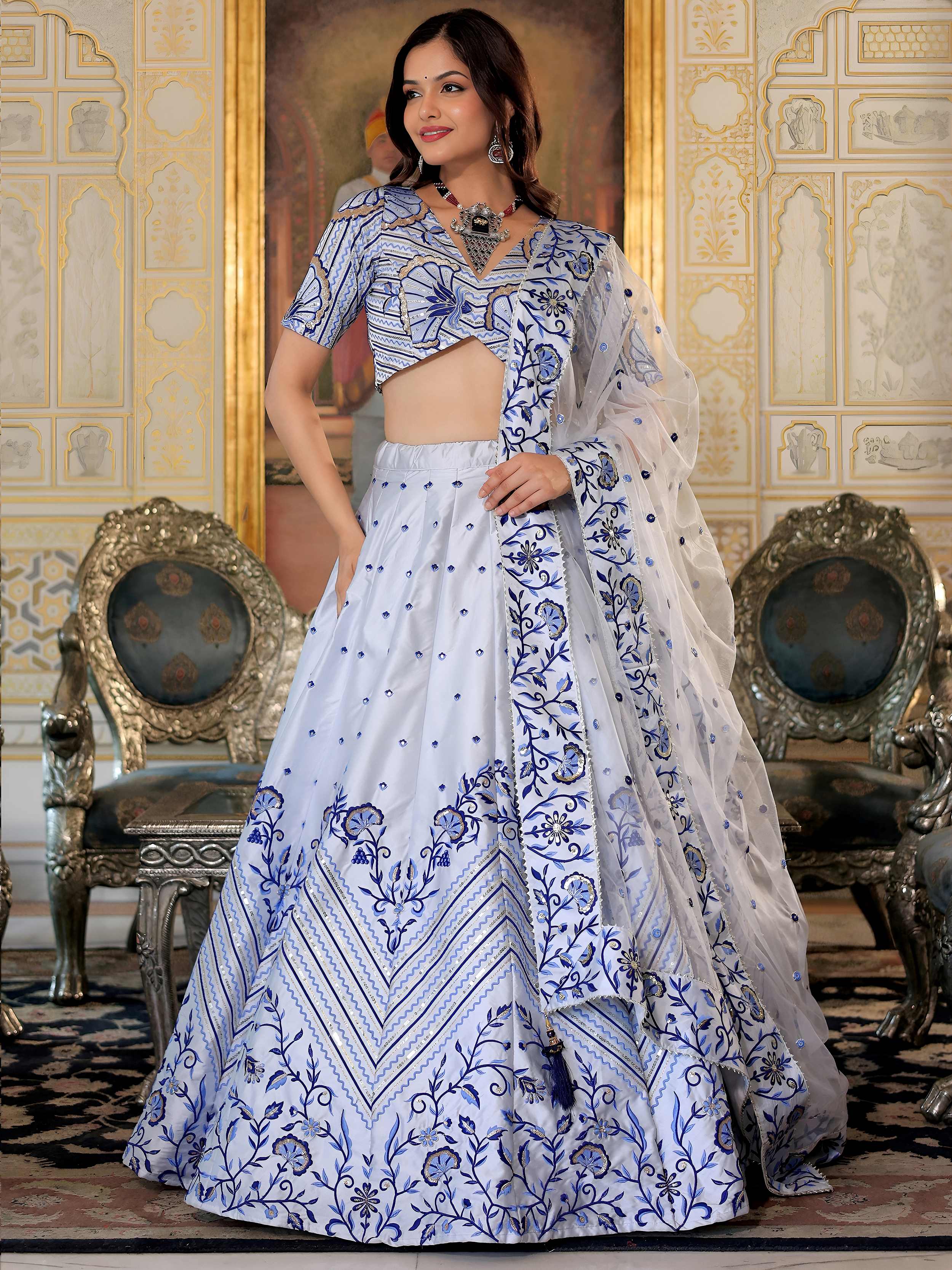 Blue Satin Thread and Sequins Embroidery Lehenga Choli with Dupatta
