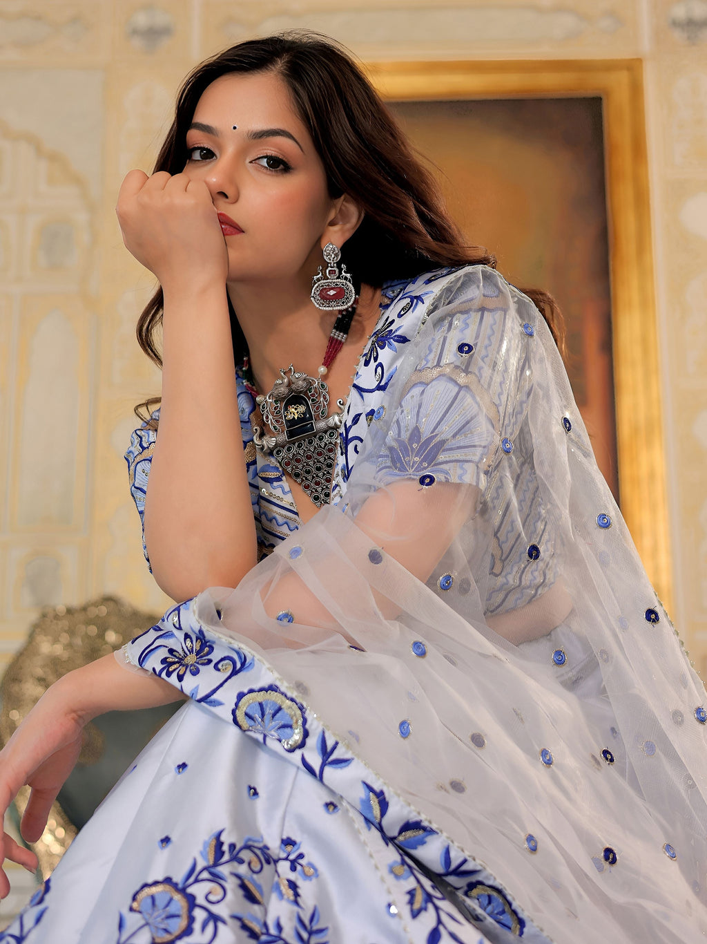 Blue Satin Thread and Sequins Embroidery Lehenga Choli with Dupatta