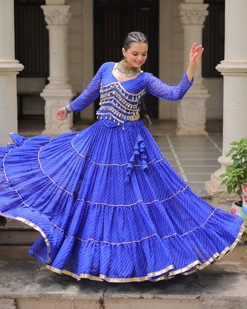 Blue soft georgette Gota Patti lace Bandhej Leheriya print lehenga choli