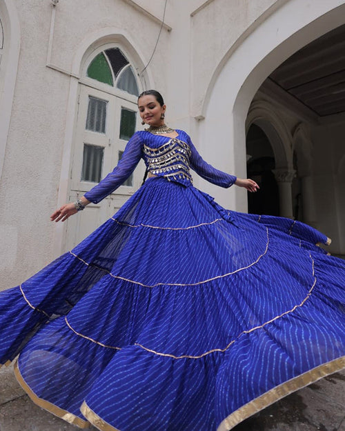 Blue soft georgette Gota Patti lace Bandhej Leheriya print lehenga choli