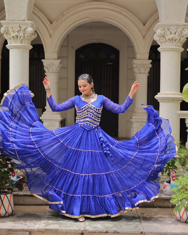 Blue Soft Georgette Gota Patti Lace Bandhej Leheriya Print Lehenga Choli