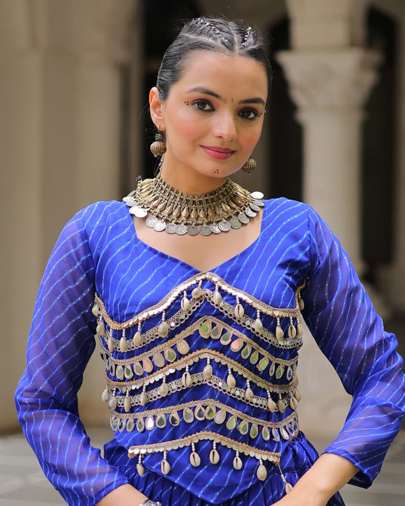 Blue Soft Georgette Gota Patti Lace Bandhej Leheriya Print Lehenga Choli