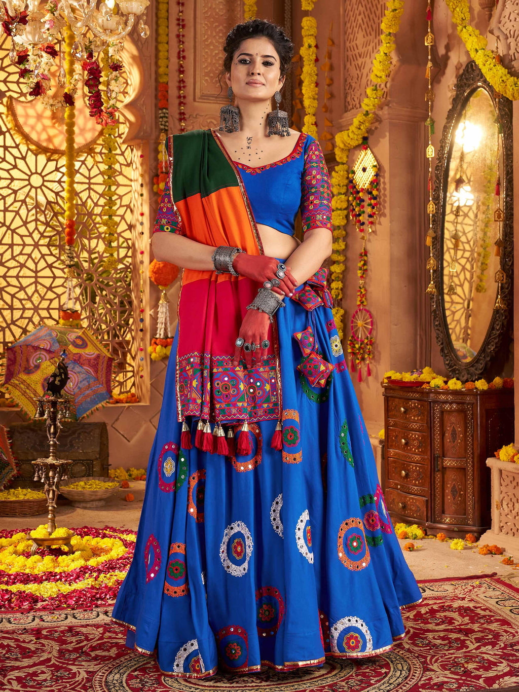 Blue Viscose Cotton Mirror Thread Embroidery Work Navratri Lehenga Choli