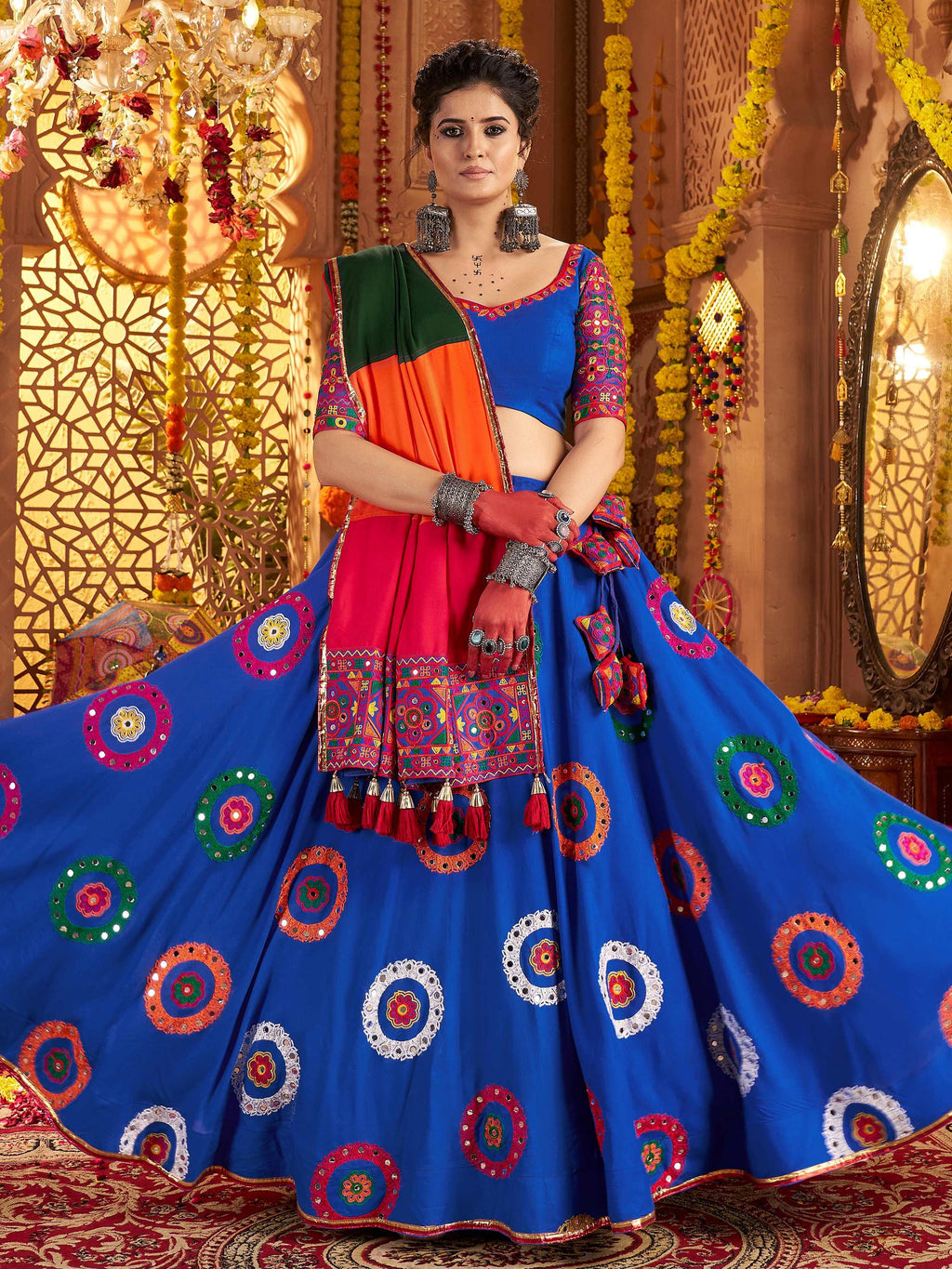 Blue Viscose Cotton Mirror Thread Embroidery Work Navratri Lehenga Choli