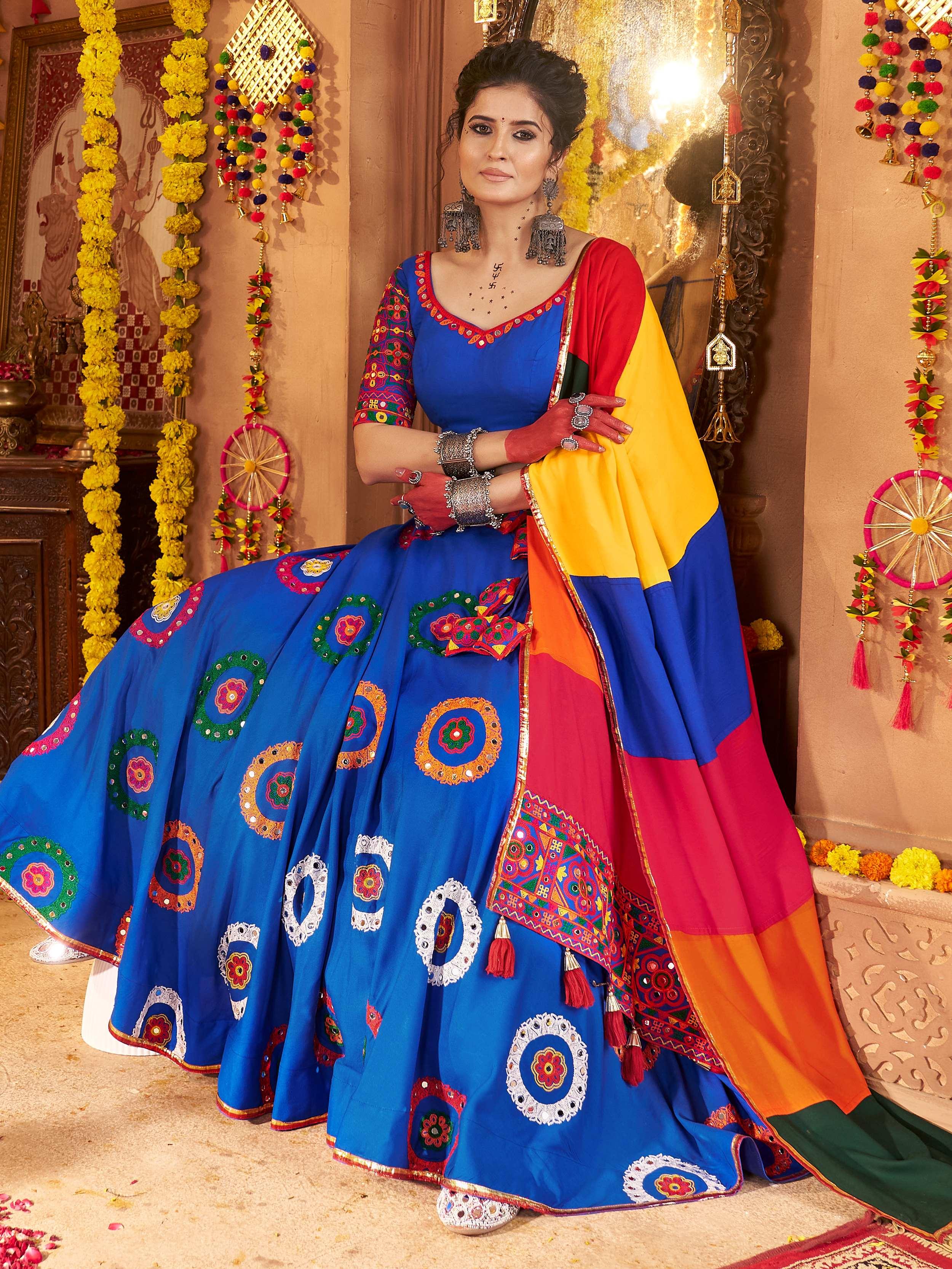 Blue Viscose Cotton Mirror Thread Embroidery Work Navratri Lehenga Choli
