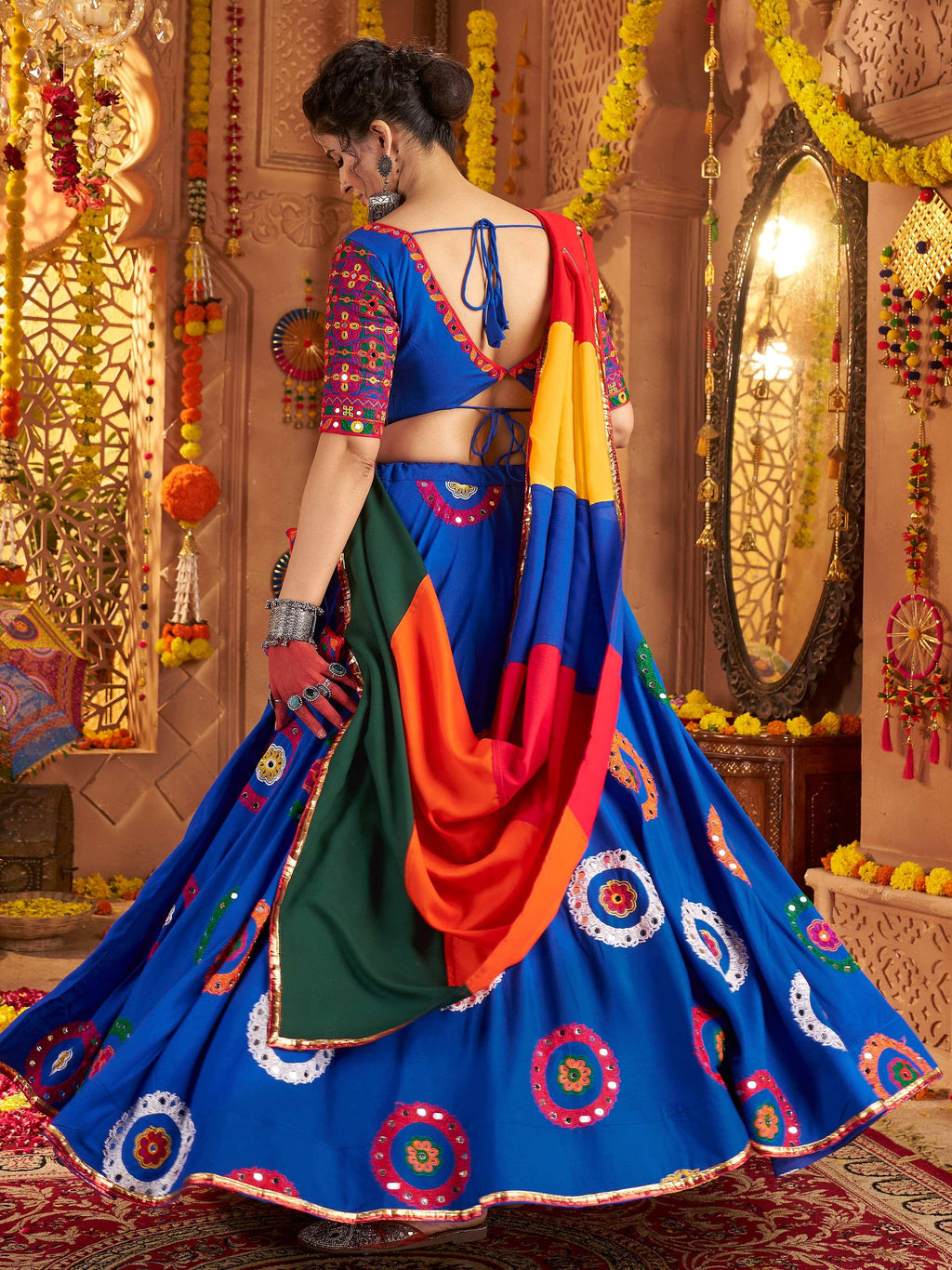 Blue Viscose Cotton Mirror Thread Embroidery Work Navratri Lehenga Choli