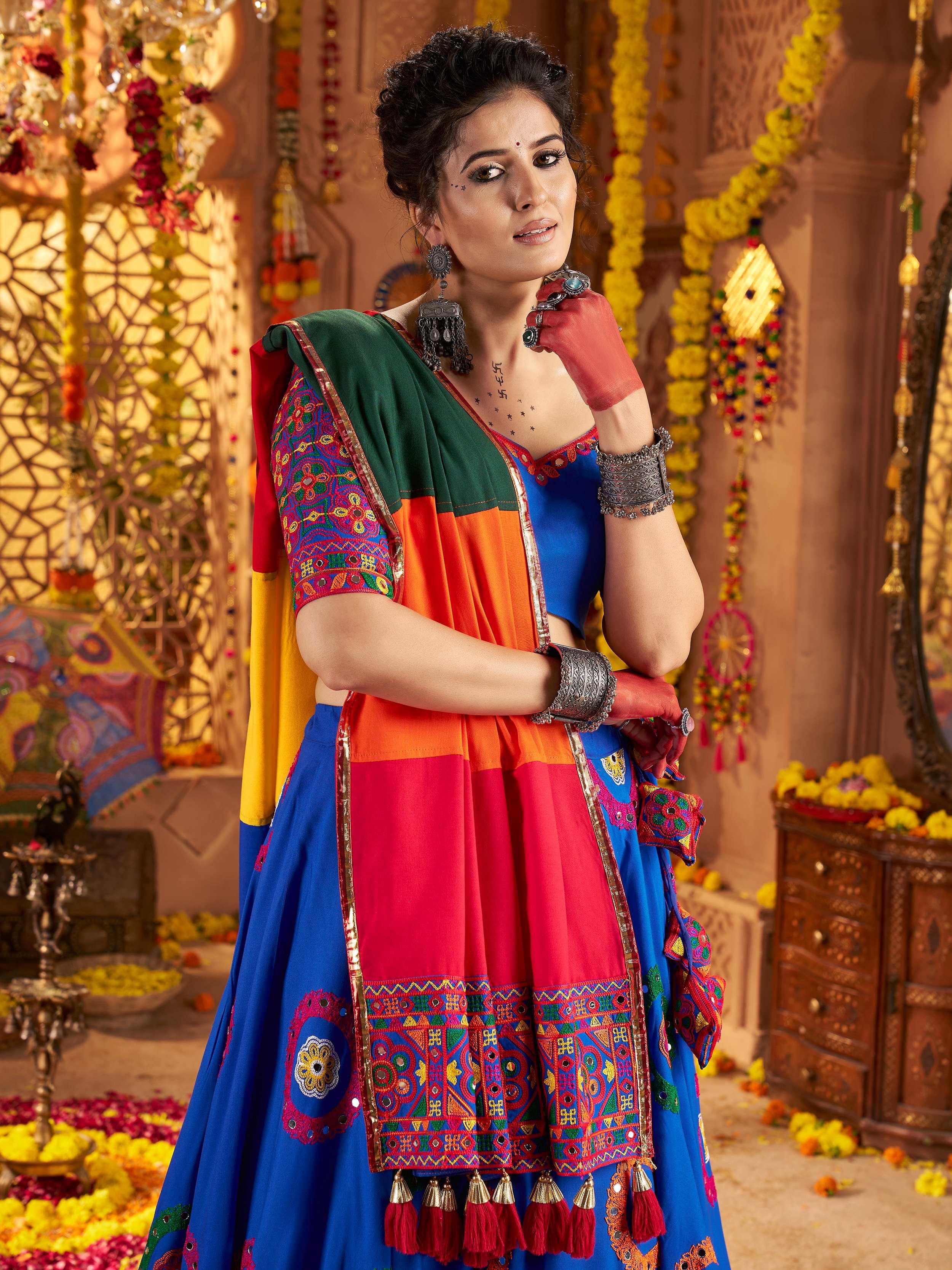 Blue Viscose Cotton Mirror Thread Embroidery Work Navratri Lehenga Choli