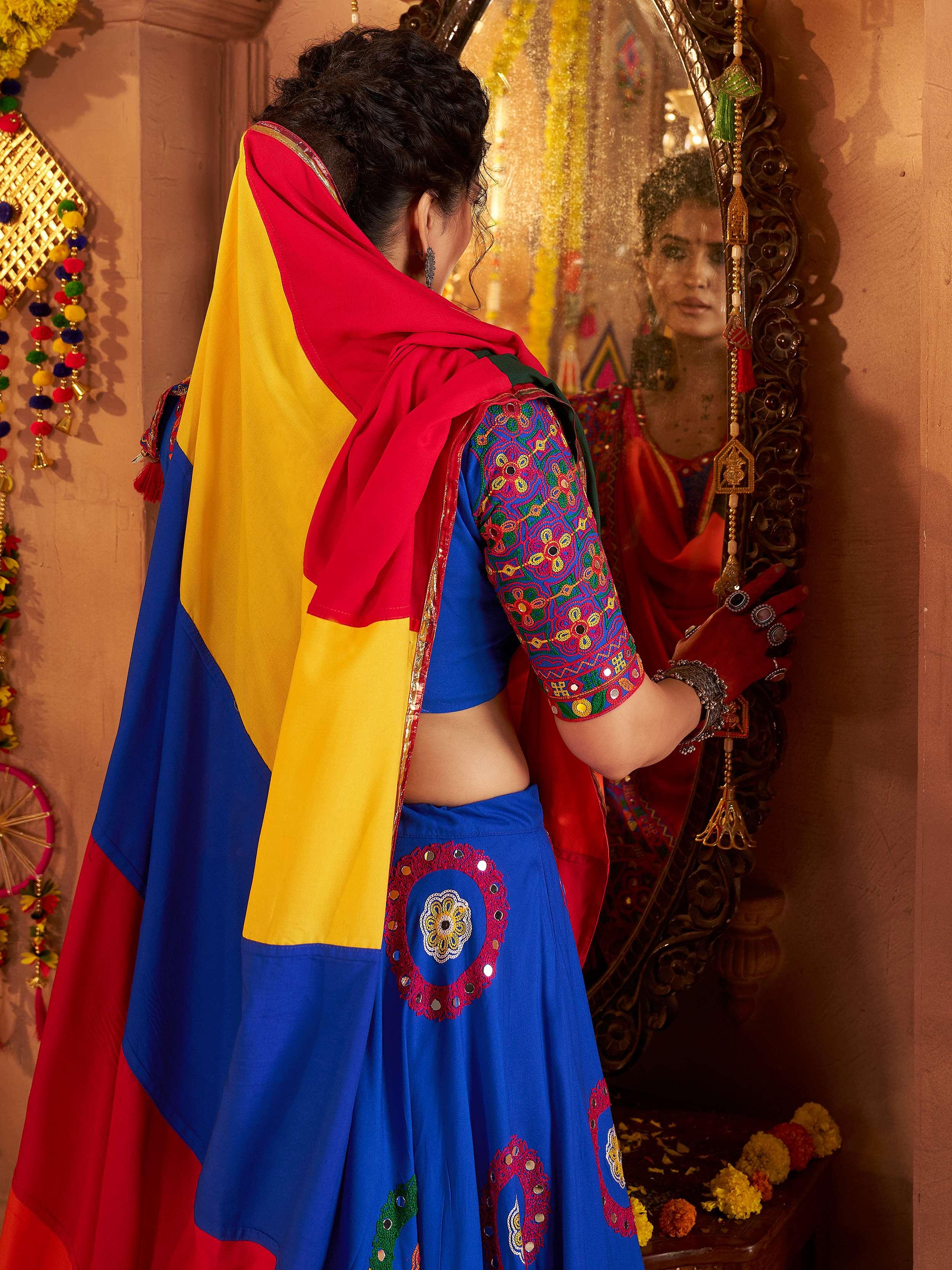 Blue Viscose Cotton Mirror Thread Embroidery Work Navratri Lehenga Choli