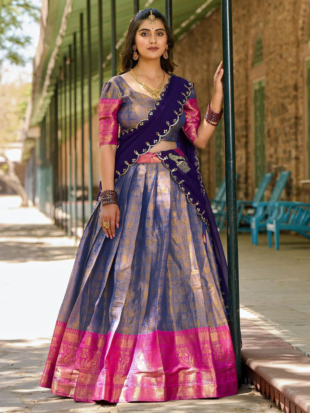Blue Zari Weaving and Sequins Embroidered Kanjivaram Lehenga Choli