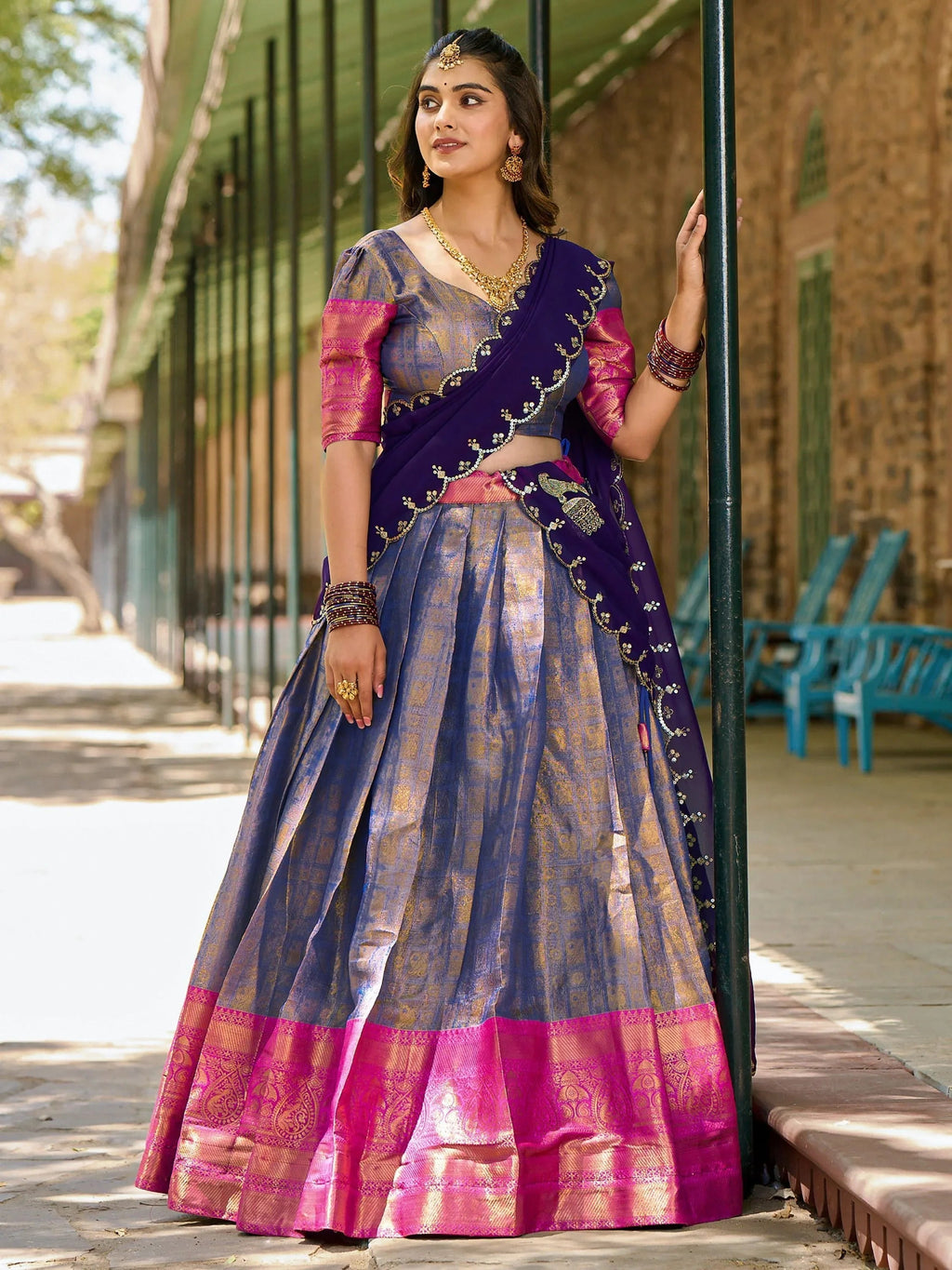 Blue Zari Weaving and Sequins Embroidered Kanjivaram Lehenga Choli