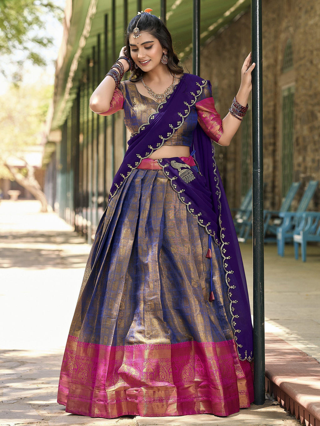 Blue Zari Weaving and Sequins Embroidered Kanjivaram Lehenga Choli