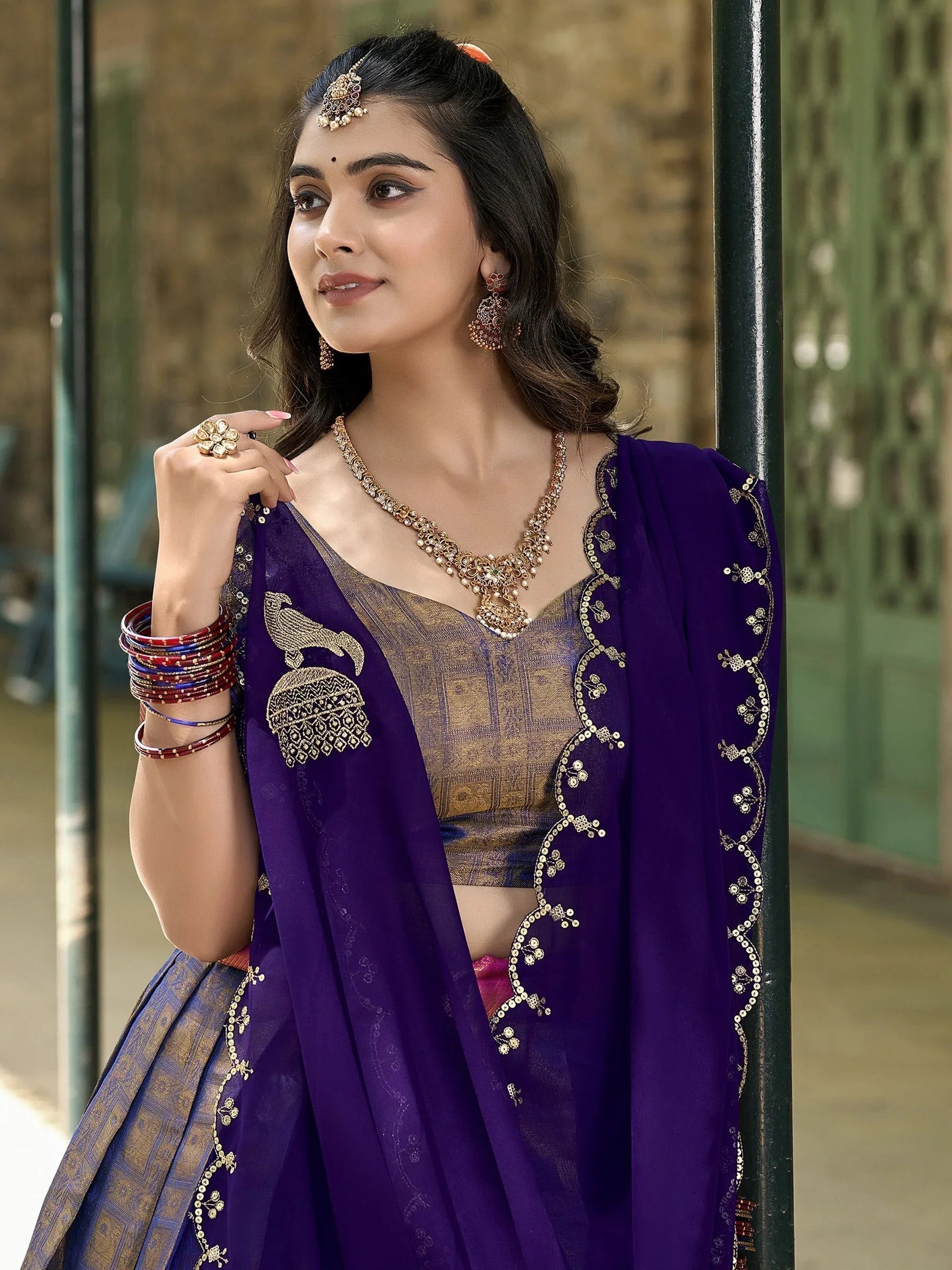 Blue Zari Weaving and Sequins Embroidered Kanjivaram Lehenga Choli