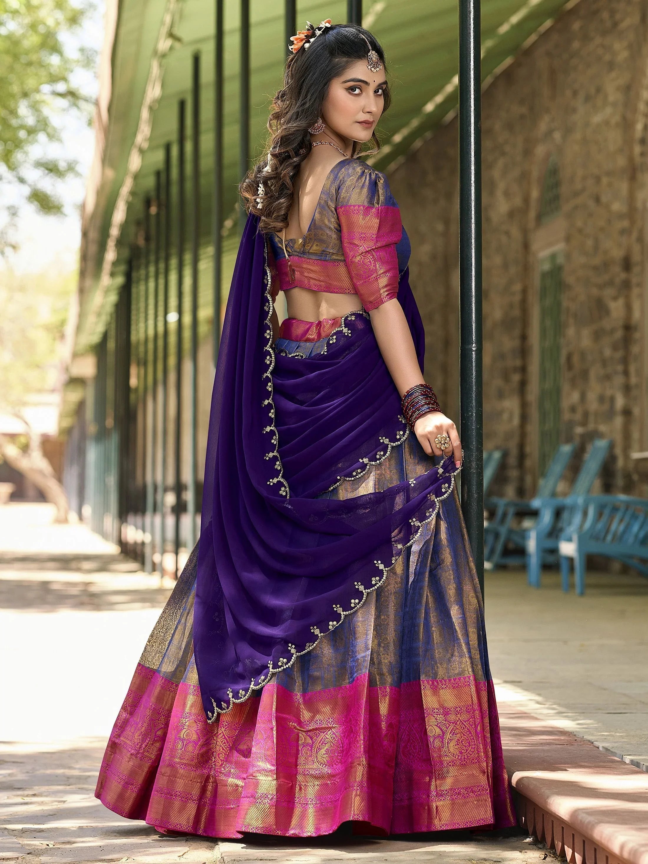 Blue Zari Weaving and Sequins Embroidered Kanjivaram Lehenga Choli