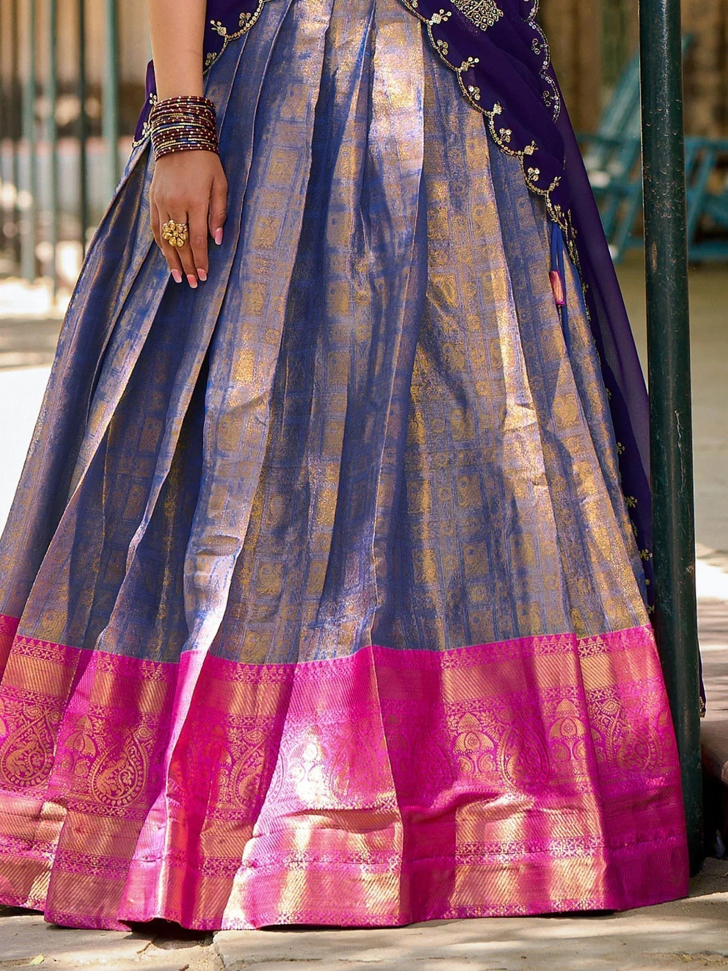 Blue Zari Weaving and Sequins Embroidered Kanjivaram Lehenga Choli