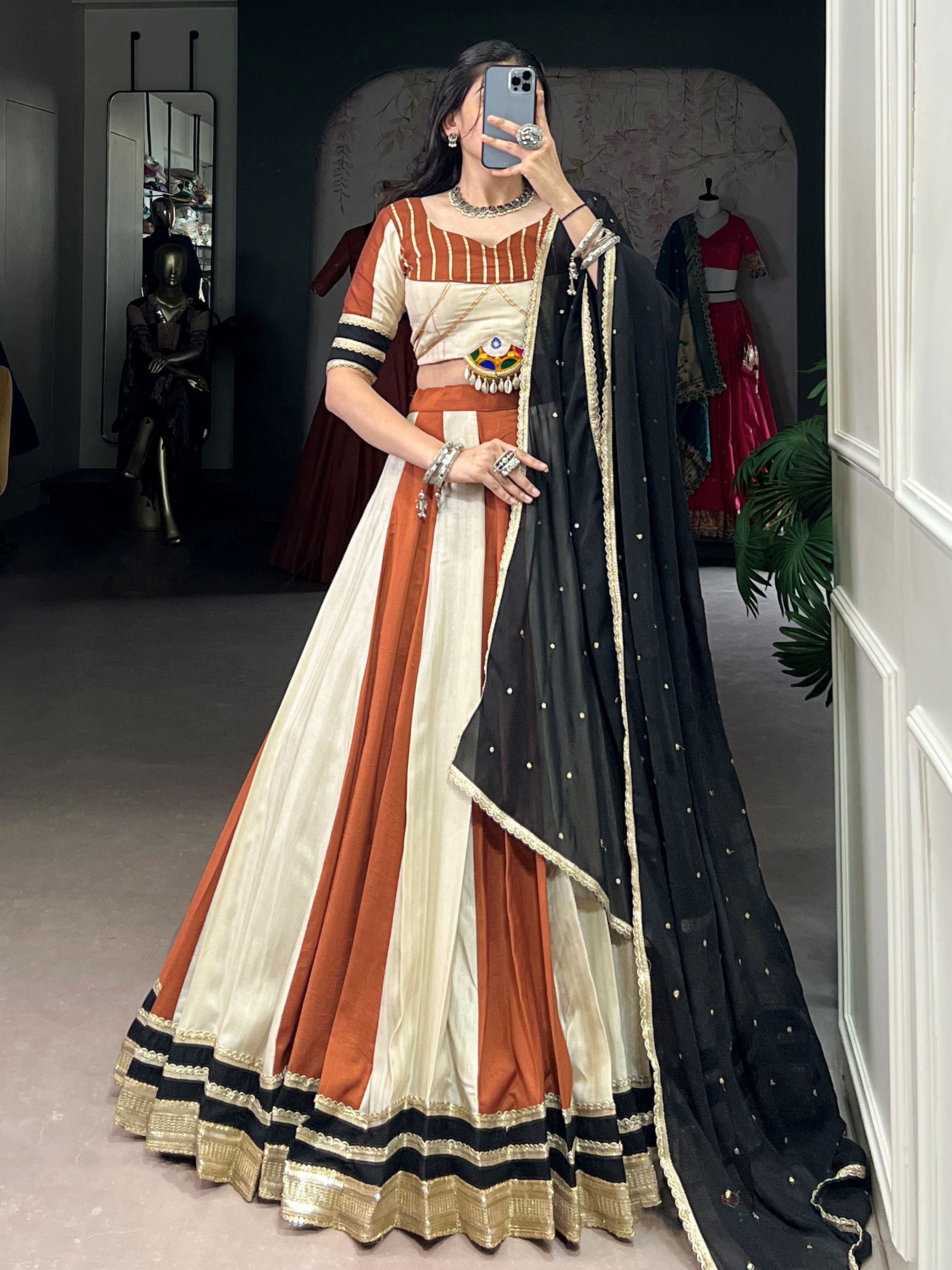 Brown Chinon Mirror Gamthi Work Lehenga Choli with Embroidered Dupatta