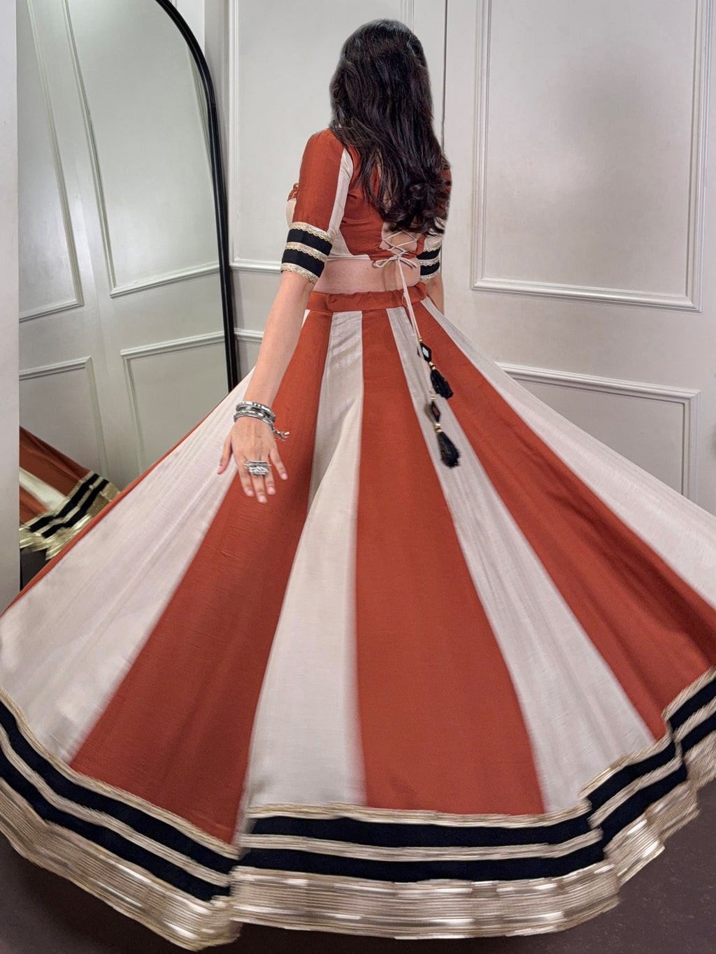 Brown Chinon Mirror Gamthi Work Lehenga Choli with Embroidered Dupatta