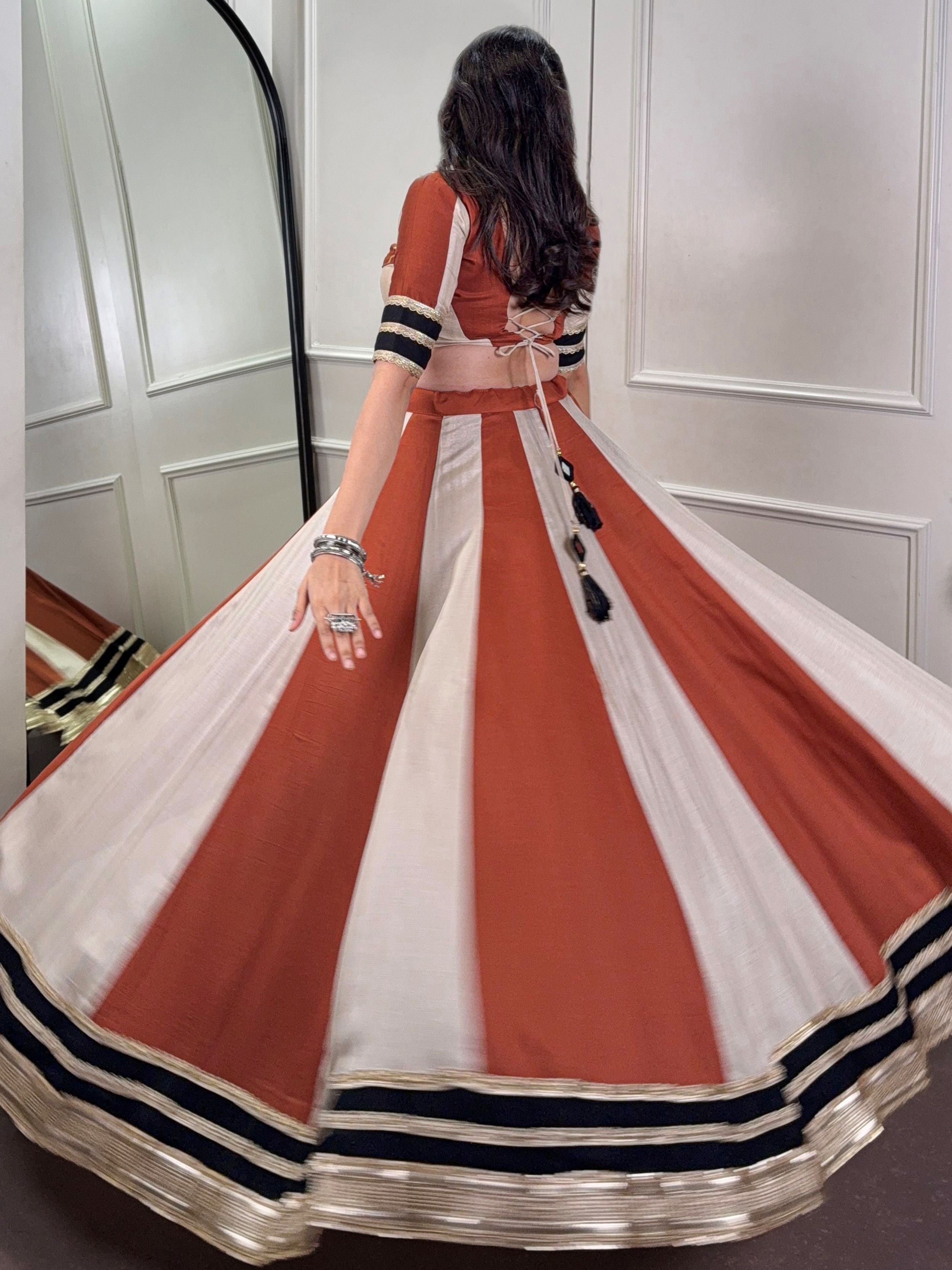 Brown Chinon Mirror Gamthi Work Lehenga Choli with Embroidered Dupatta