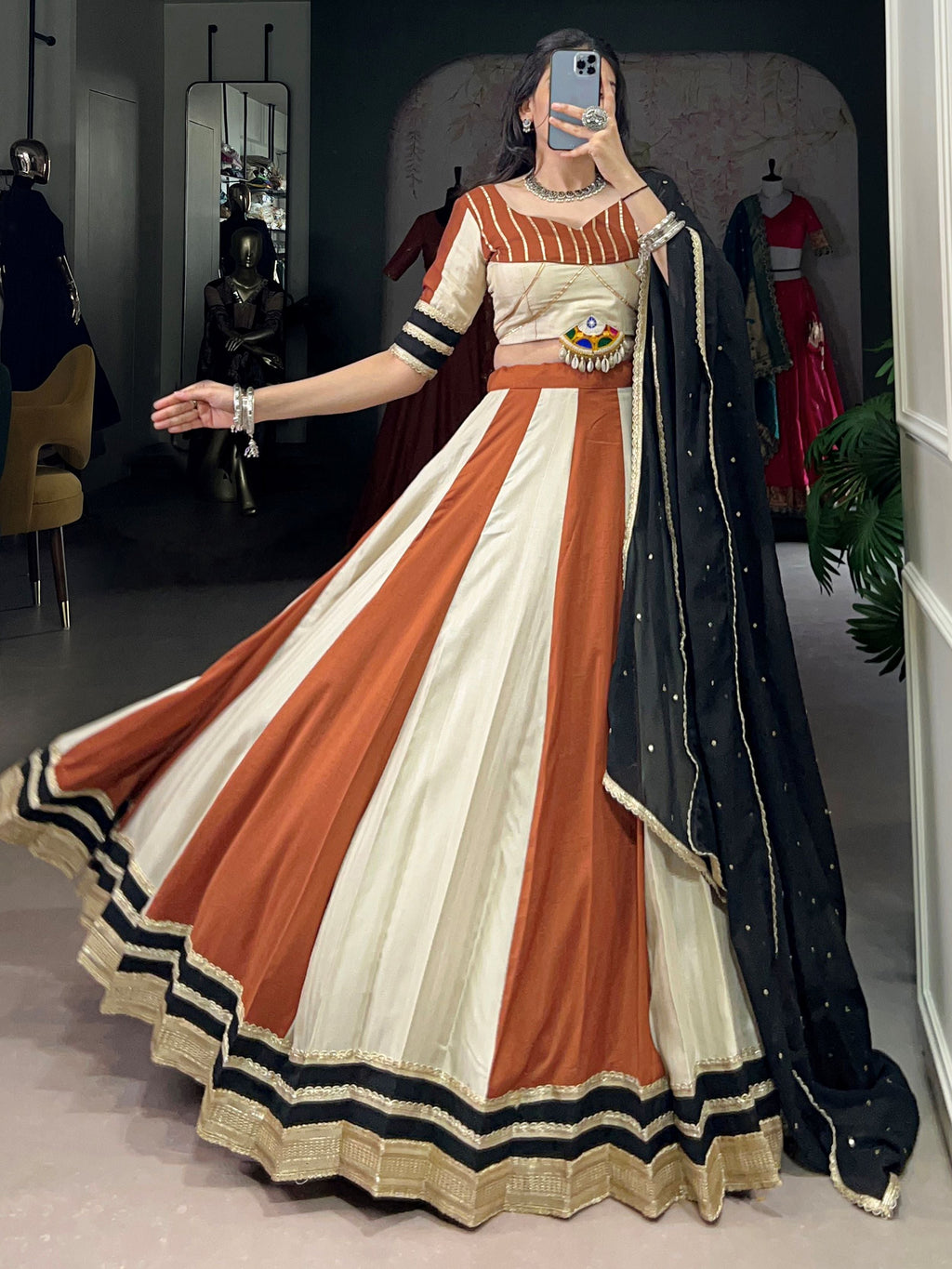 Brown Chinon Mirror Gamthi Work Lehenga Choli with Embroidered Dupatta