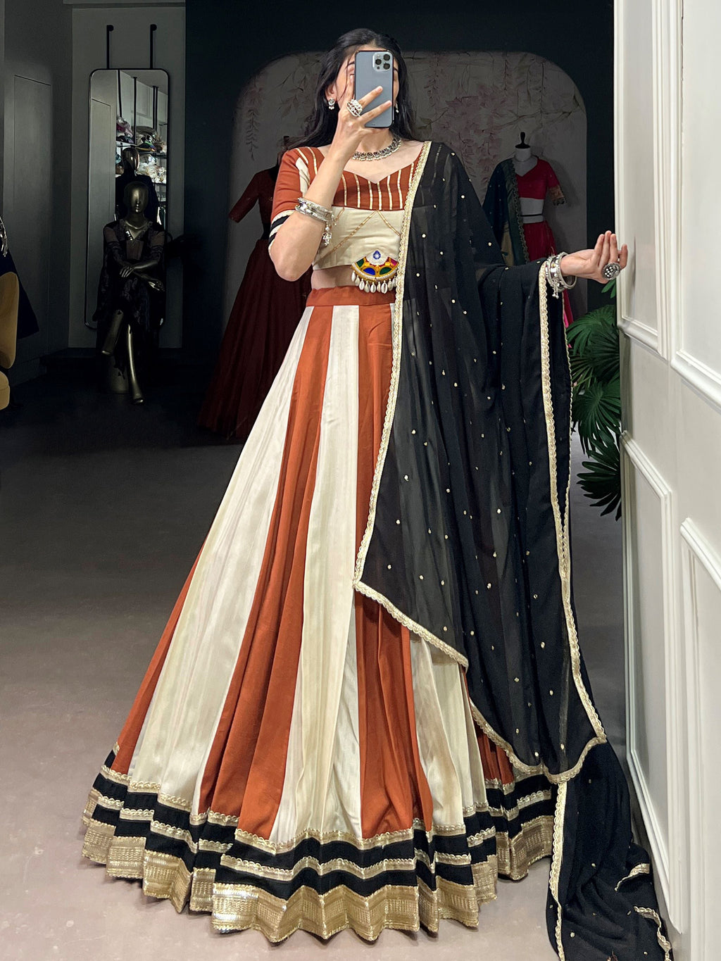 Brown Chinon Mirror Gamthi Work Lehenga Choli with Embroidered Dupatta