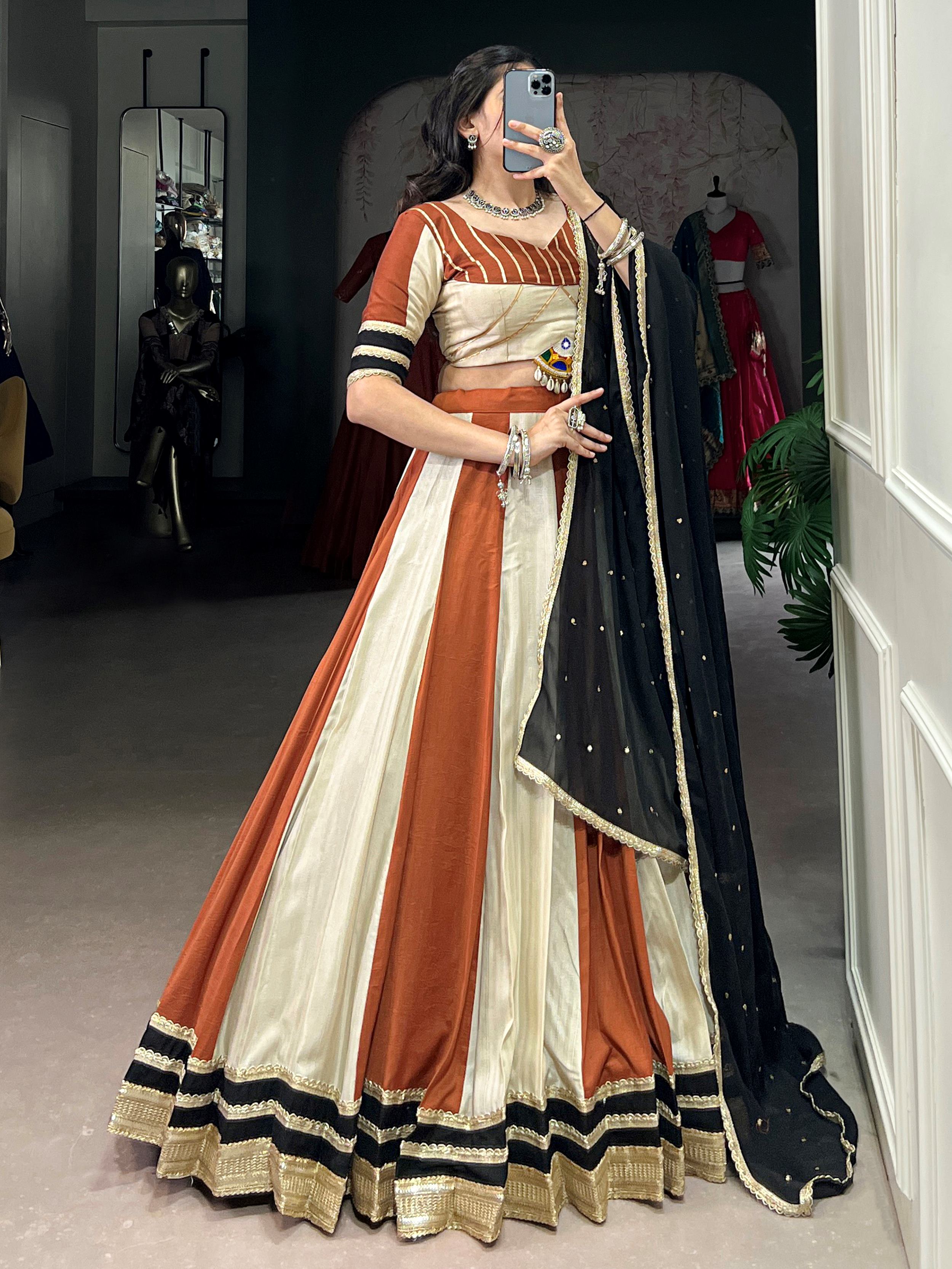 Brown Chinon Mirror Gamthi Work Lehenga Choli with Embroidered Dupatta