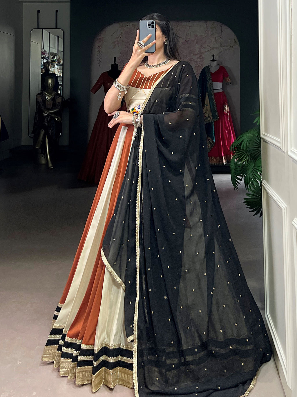 Brown Chinon Mirror Gamthi Work Lehenga Choli with Embroidered Dupatta