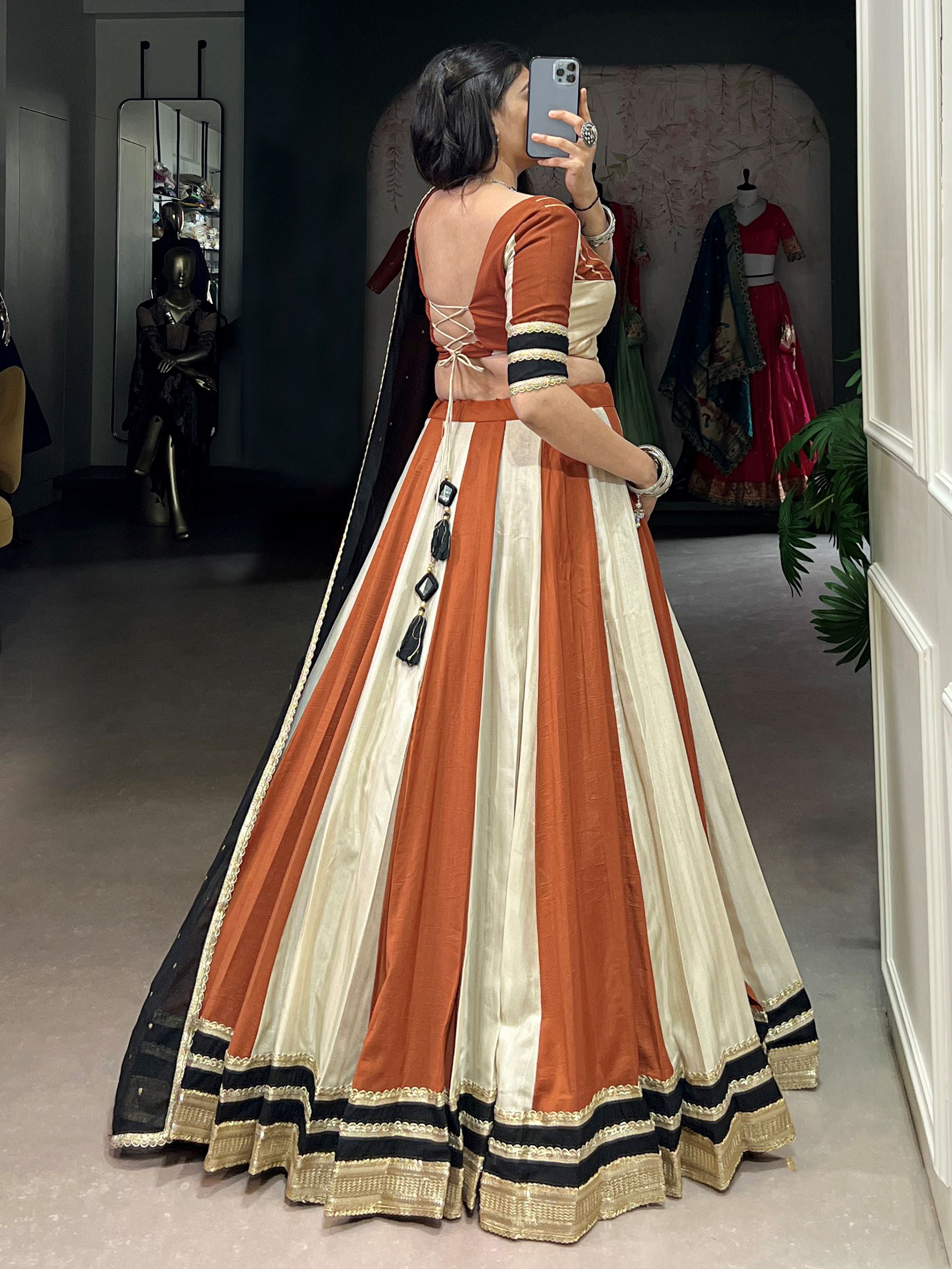 Brown Chinon Mirror Gamthi Work Lehenga Choli with Embroidered Dupatta