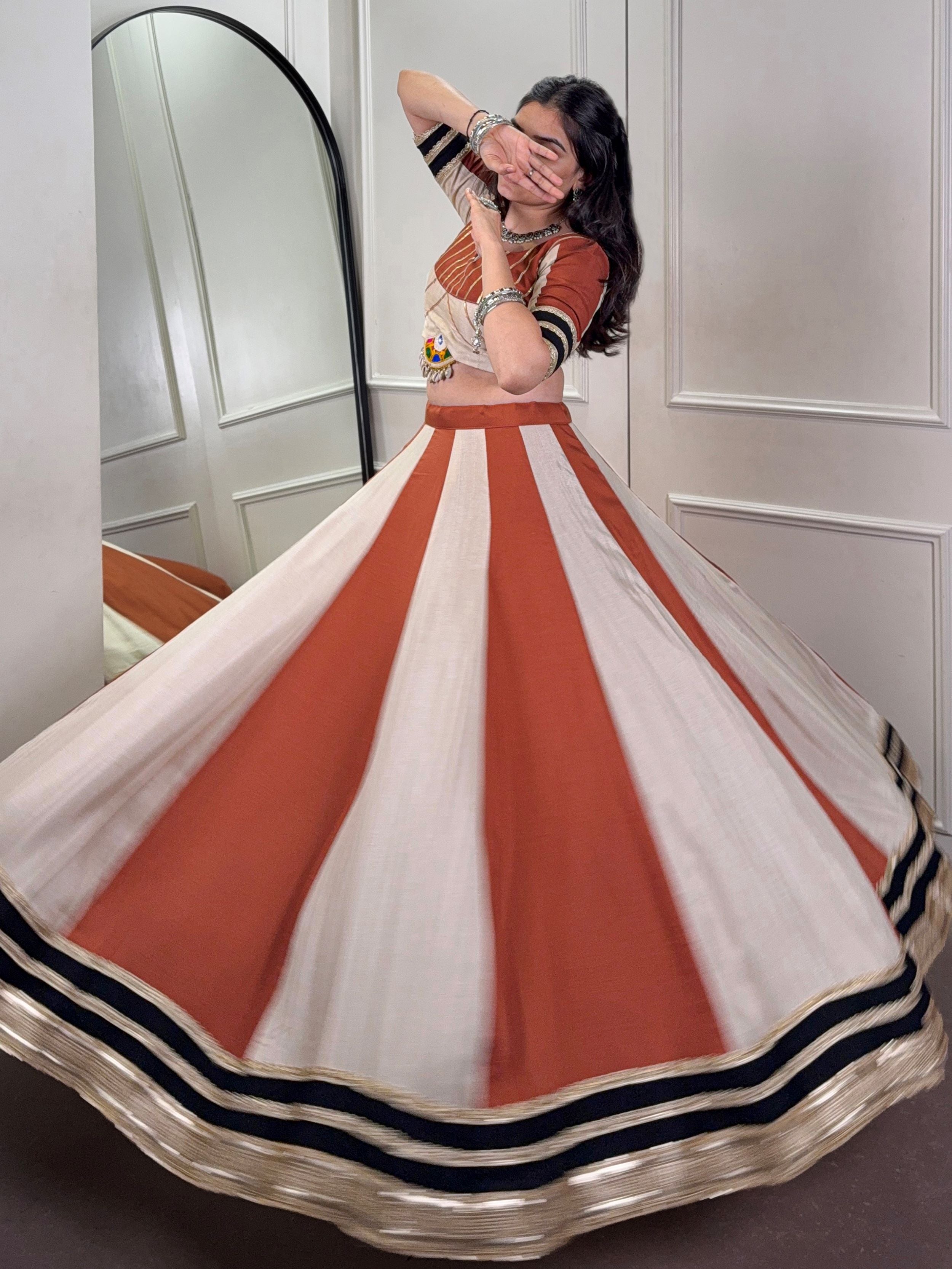 Brown Chinon Mirror Gamthi Work Lehenga Choli with Embroidered Dupatta