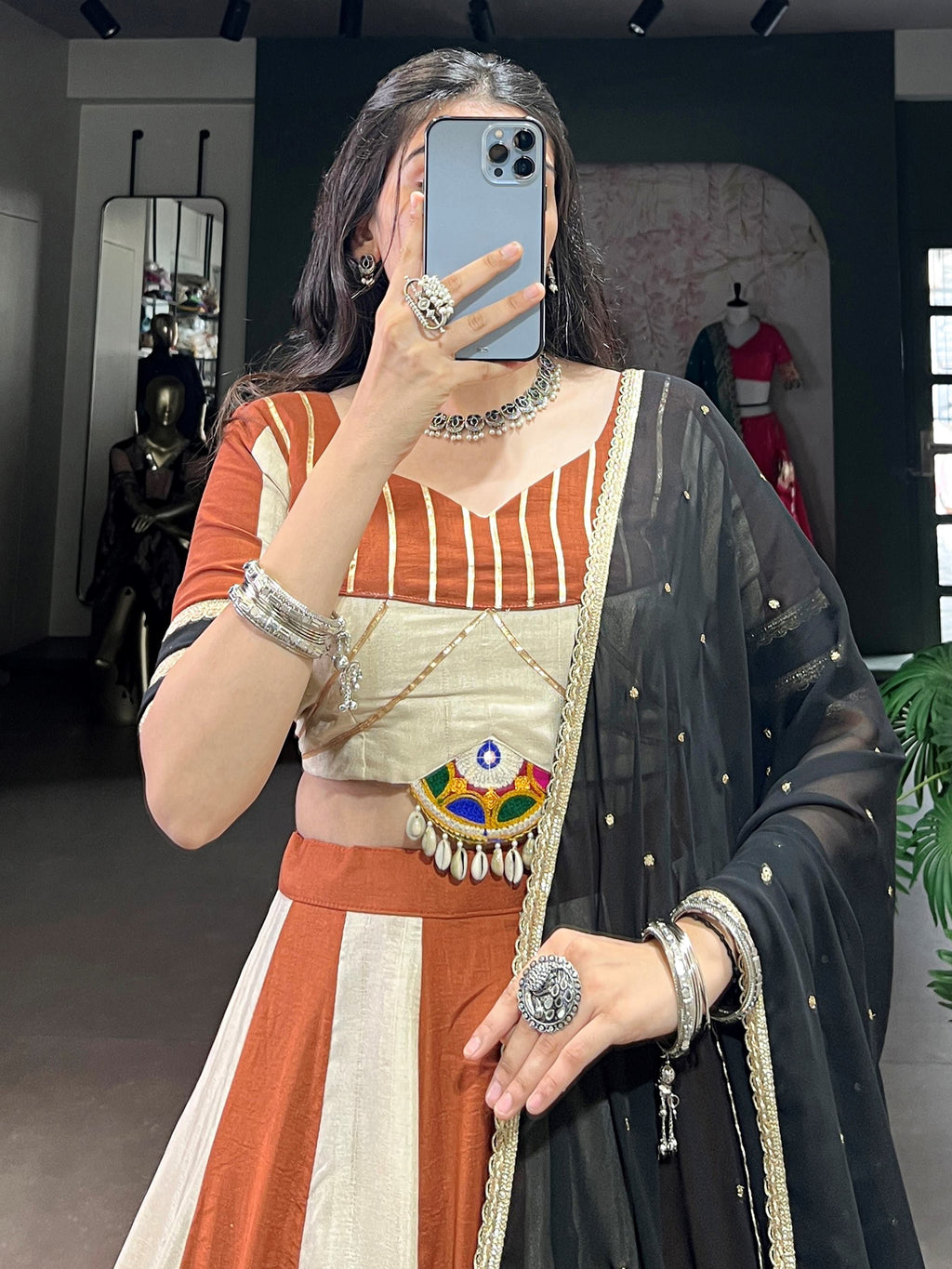 Brown Chinon Mirror Gamthi Work Lehenga Choli with Embroidered Dupatta