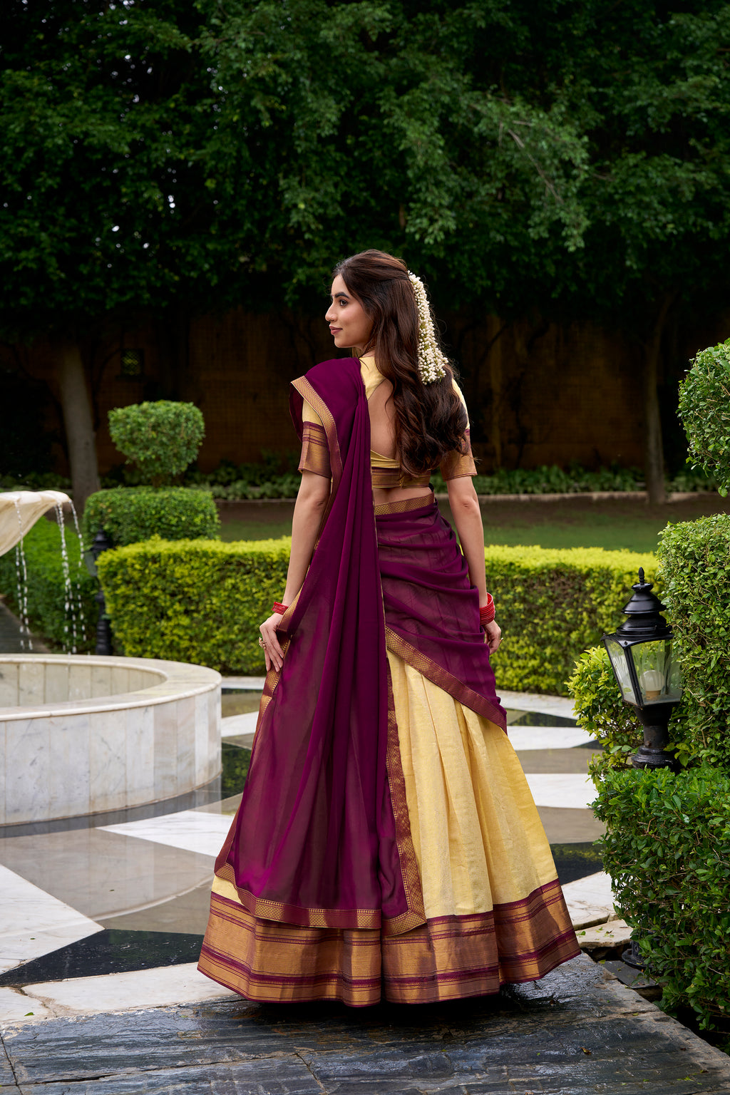 Brown Color Kanchipuram Silk Zari Weaving Half Saree Lehenga Choli