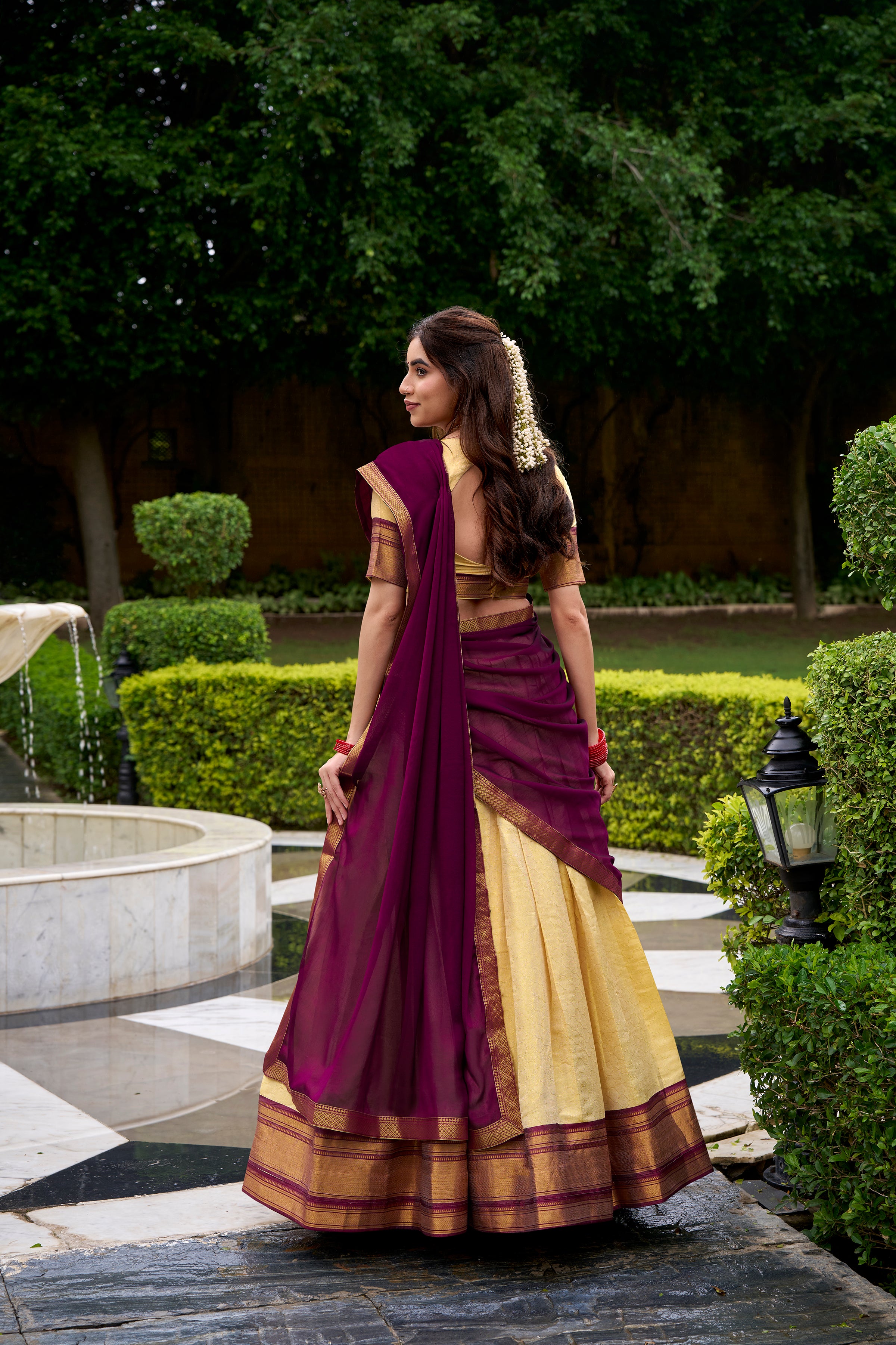 Brown Color Kanchipuram Silk Zari Weaving Half Saree Lehenga Choli