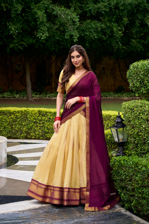 Brown Kanchipuram silk zari weaving half saree lehenga choli
